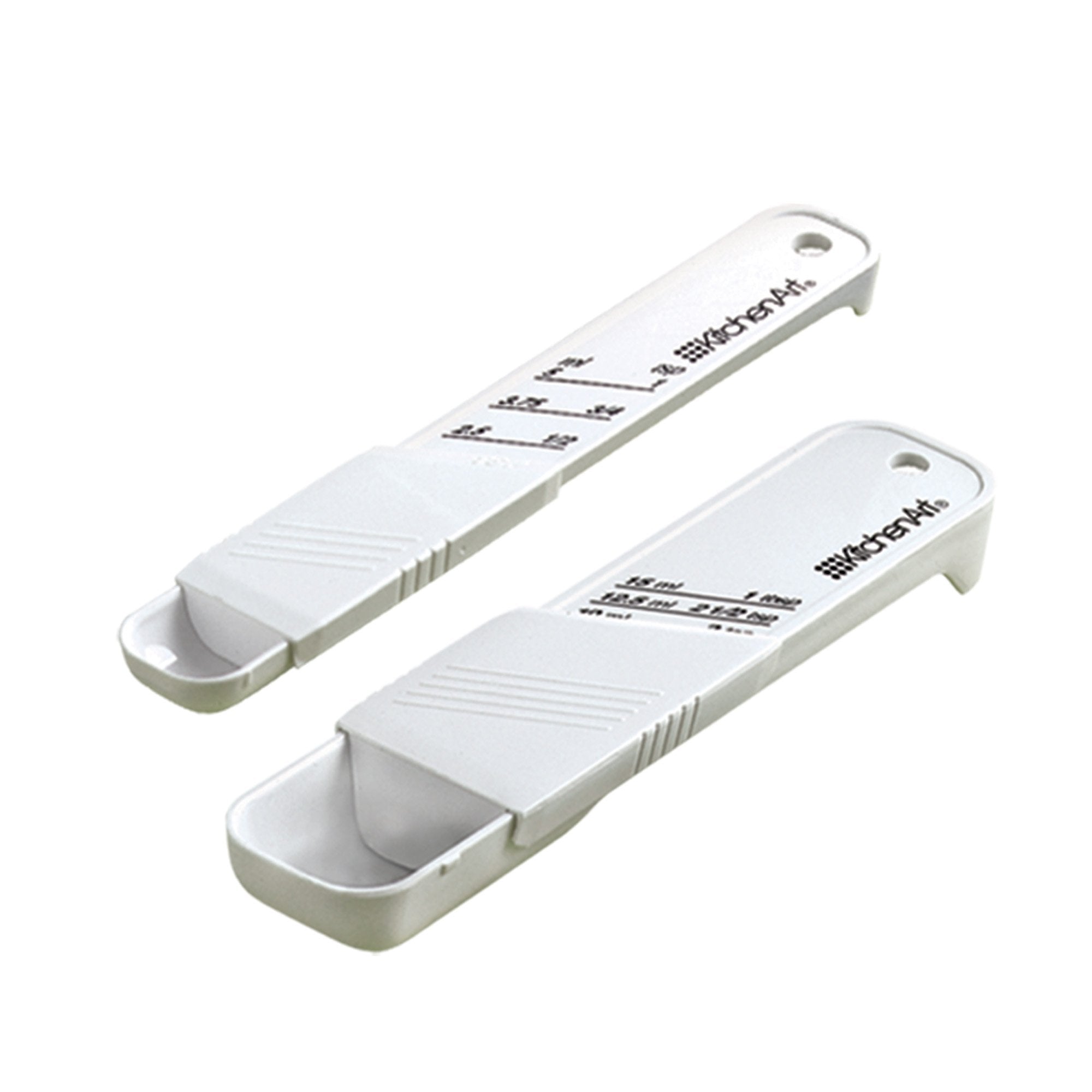 Kitchenart Adjust-A-Teaspoon And Adjust-A-Tablespoon Set, Plastic, 2-Piece, White,9 X 3.5 X 0.75 Inches