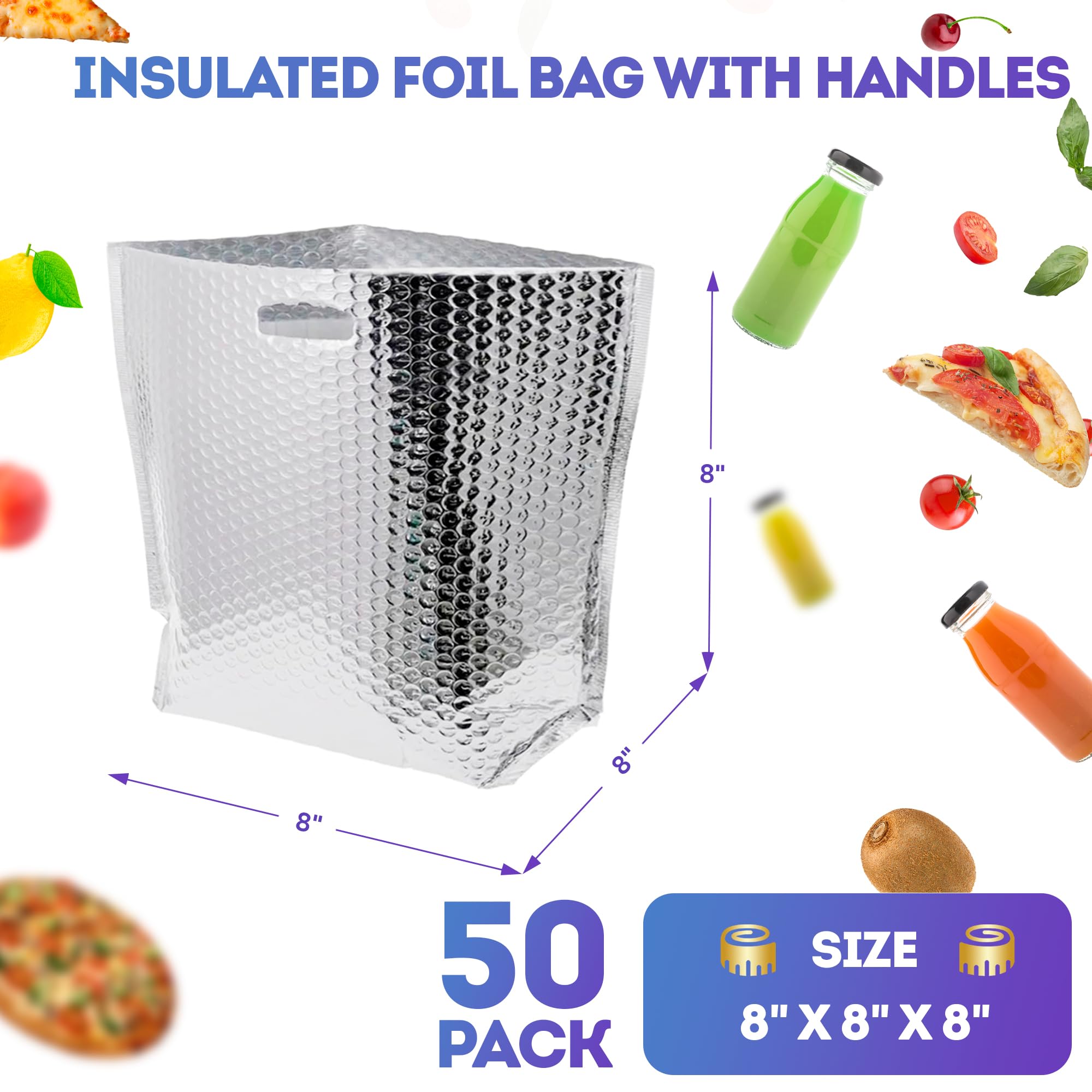 APQ Thermal Bags with Handle 8 x 8 x 8  Pack of 50 Insulated Thermal Bubble Bags  Metalized Foil cold Shipping Package  Packaging Bags for Shipping Frozen Products  Bubble Shipping Bags for Food(D0102HgJZcW)