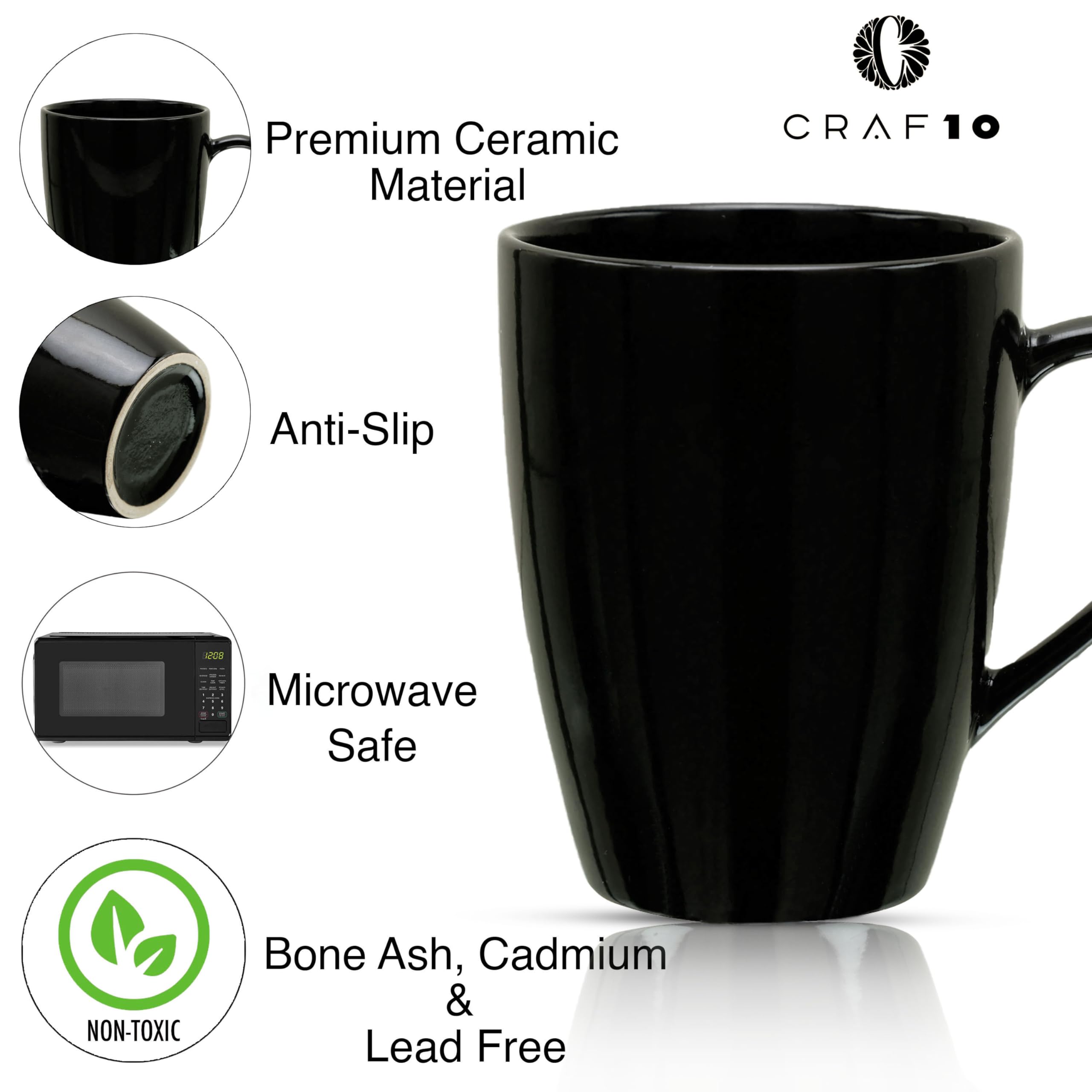 Craf10 Exquisite Solid Ceramic Coffee Mugs - Black Color,Microwave Safe- 340Ml Capacity, Dishwasher & Freezer Safe