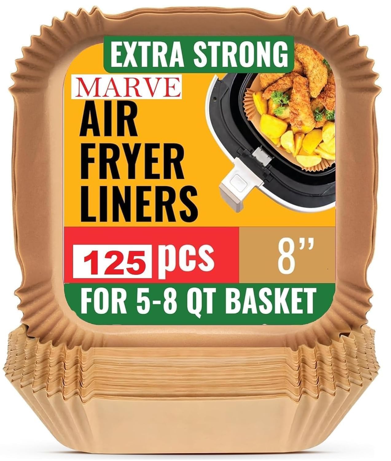 Marve Square Air Fryer Liners Food-Grade Bpa Free Paper For 5 To 8 Litres Oil-Free Fryers - Healthy Cooking I Heat Resistance Ai