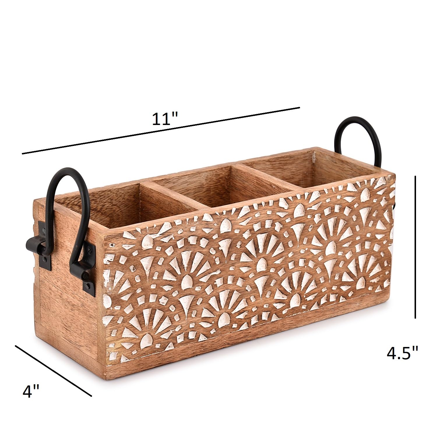 Nirman Mango Wood 3 Compartment Multi Purpose Utensil Cutlery Racks For Cutlery, Napkins, Cups Caddy Organizer (11'' X 4'' X 4.5
