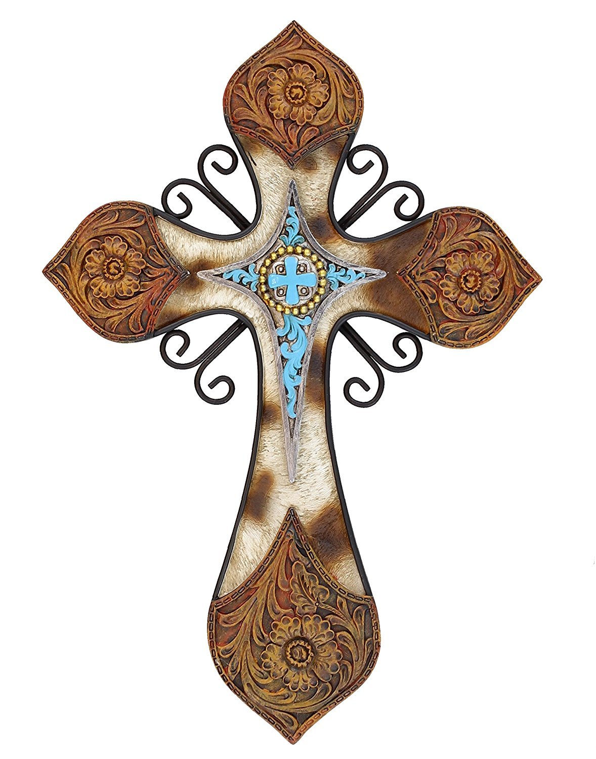 Cowhide Tooled Leather Cross with Turquoise Layer in Resin and Metal Combination