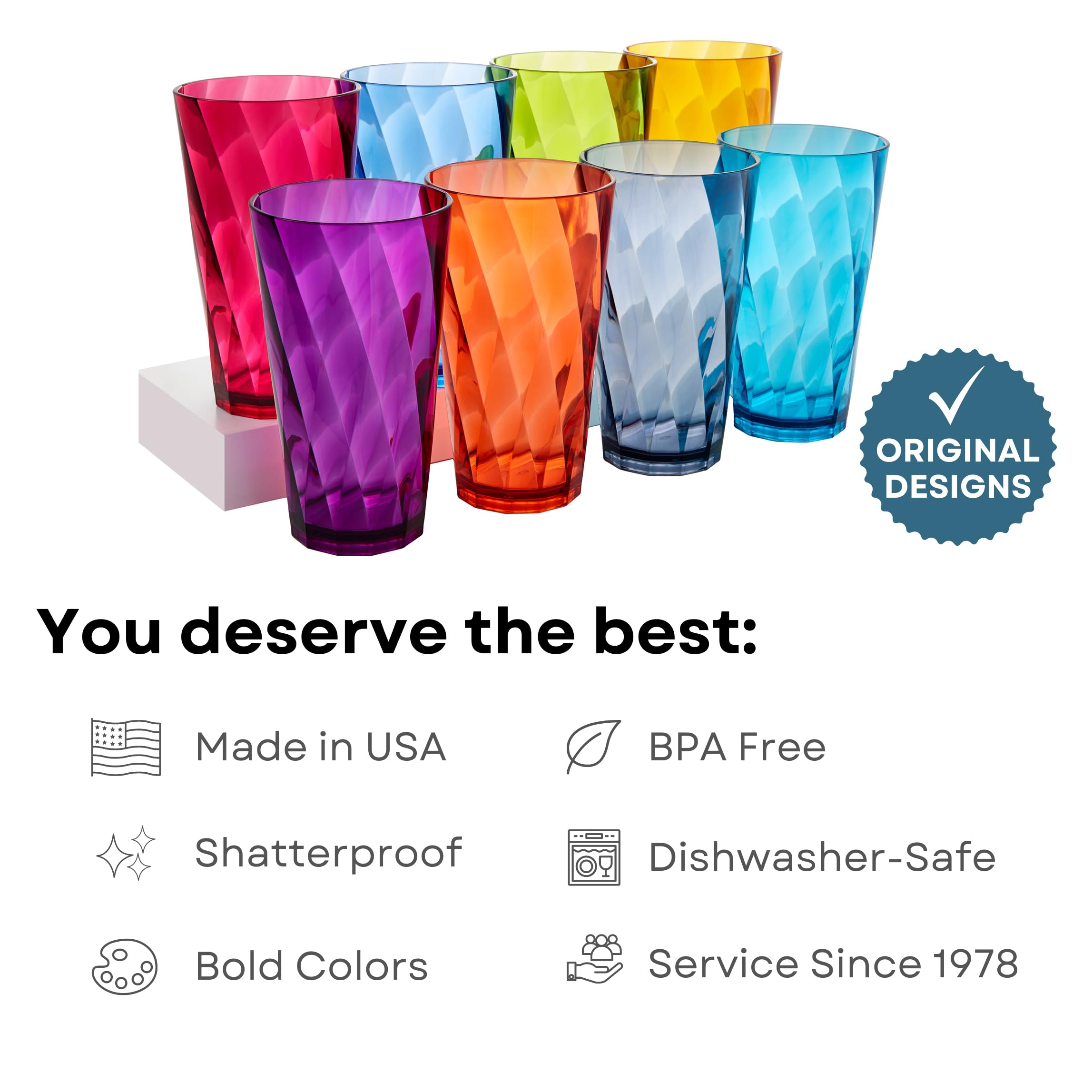 Us Acrylic Optix Plastic Reusable Drinking Glasses (Set Of 8) 20Oz Water Cups In Jewel Tone Colors | Bpa-Free Tumblers, Made In