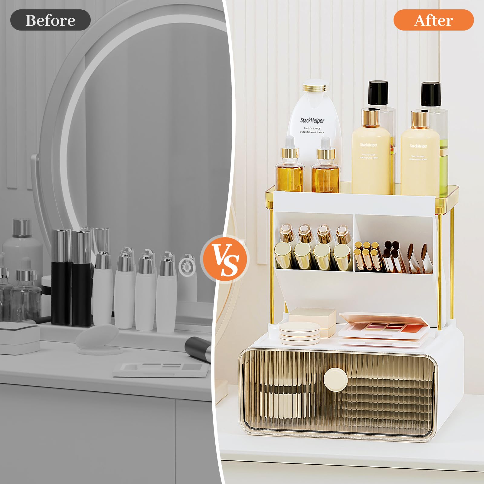 StackHelper 2-Tier 1-Drawer Bathroom Counter Organizer, Multi-Purpose Makeup Organizer Countertop, Ideal for Present, Easy to In