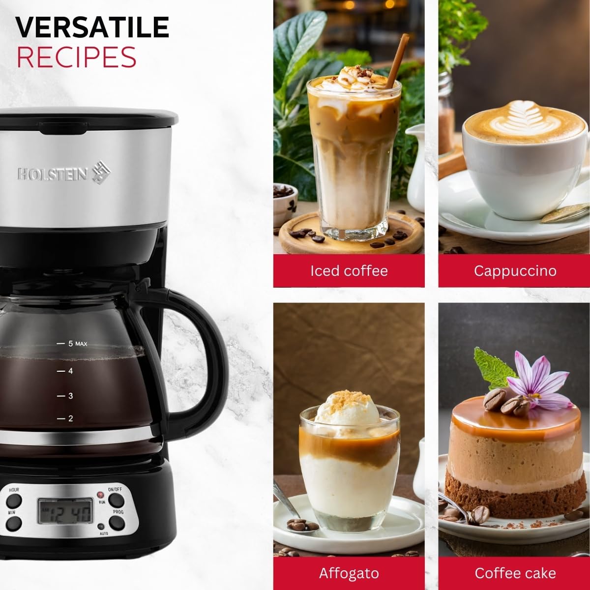 Holstein Housewares 5-Cup Programable Coffee Maker, Convenient And User Friendly, Black And Stainless Steel With Auto Pause And