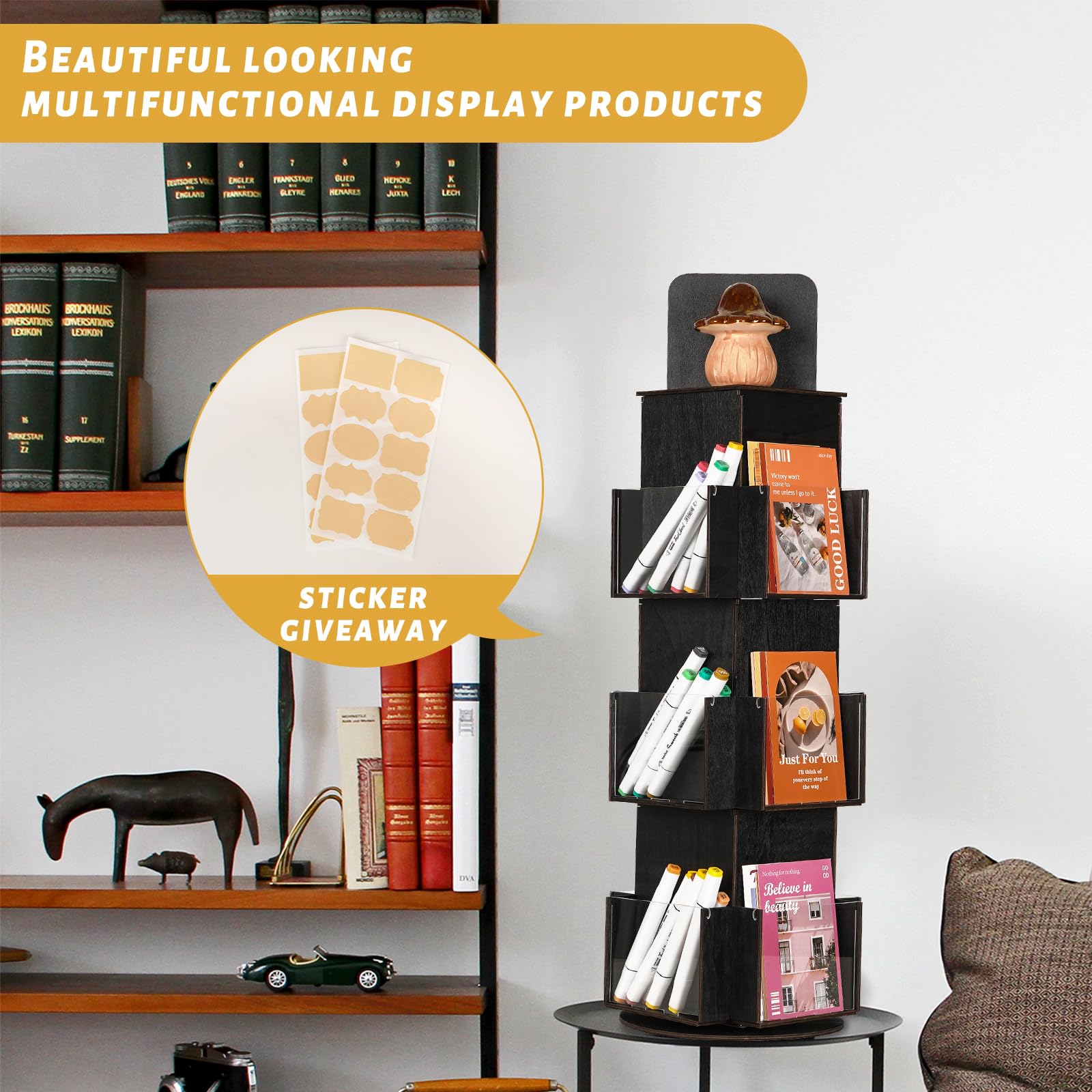 Natheeph Rotating Display Stand Greeting Card Display Wooden Display Rack with Two Card Sticker for Greeting Card Vendor Coffee