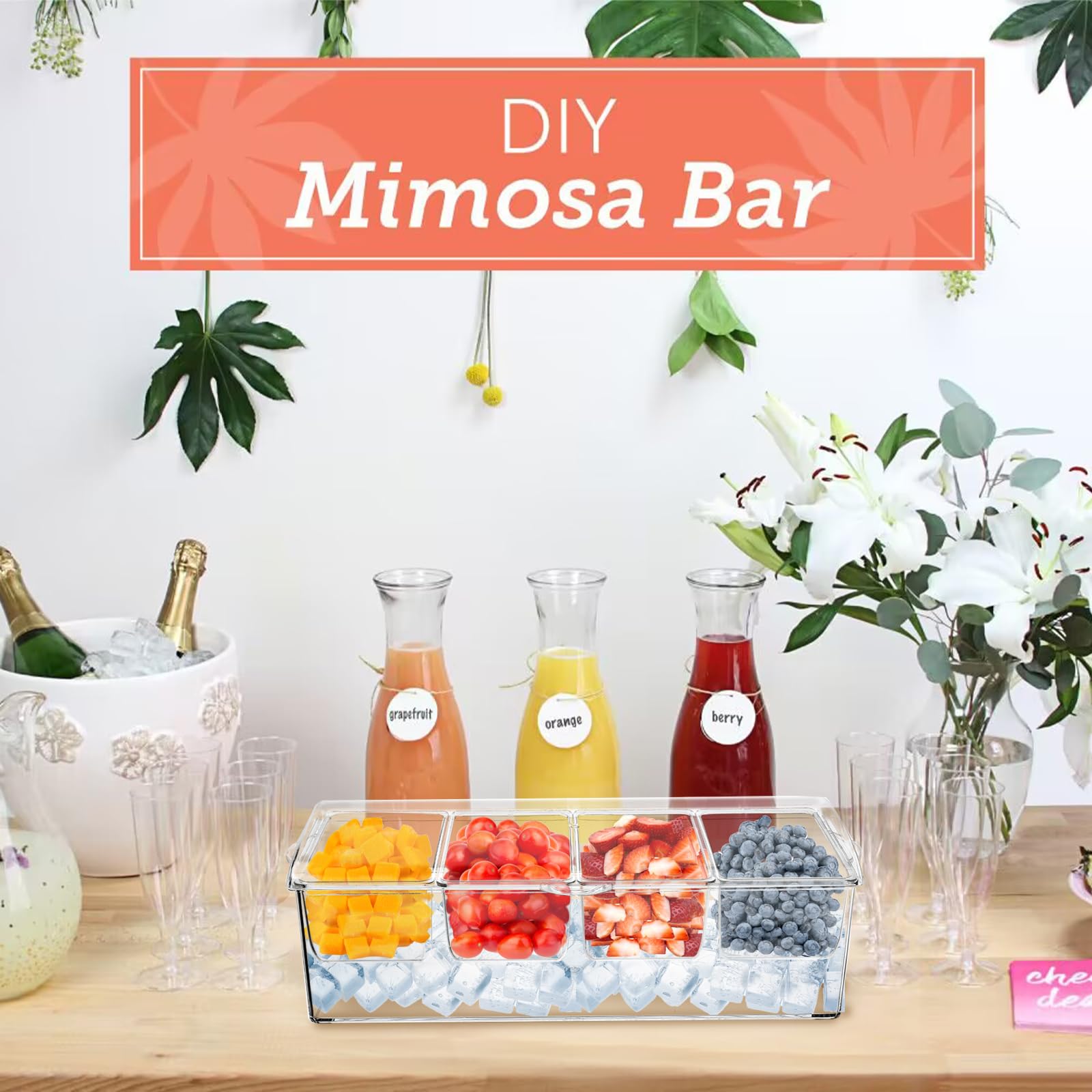 Jucoan Large Ice Chilled Condiment Server With Lid And 4 Removable Compartment, Clear Plastic Condiment Server Caddy Tray On Ice