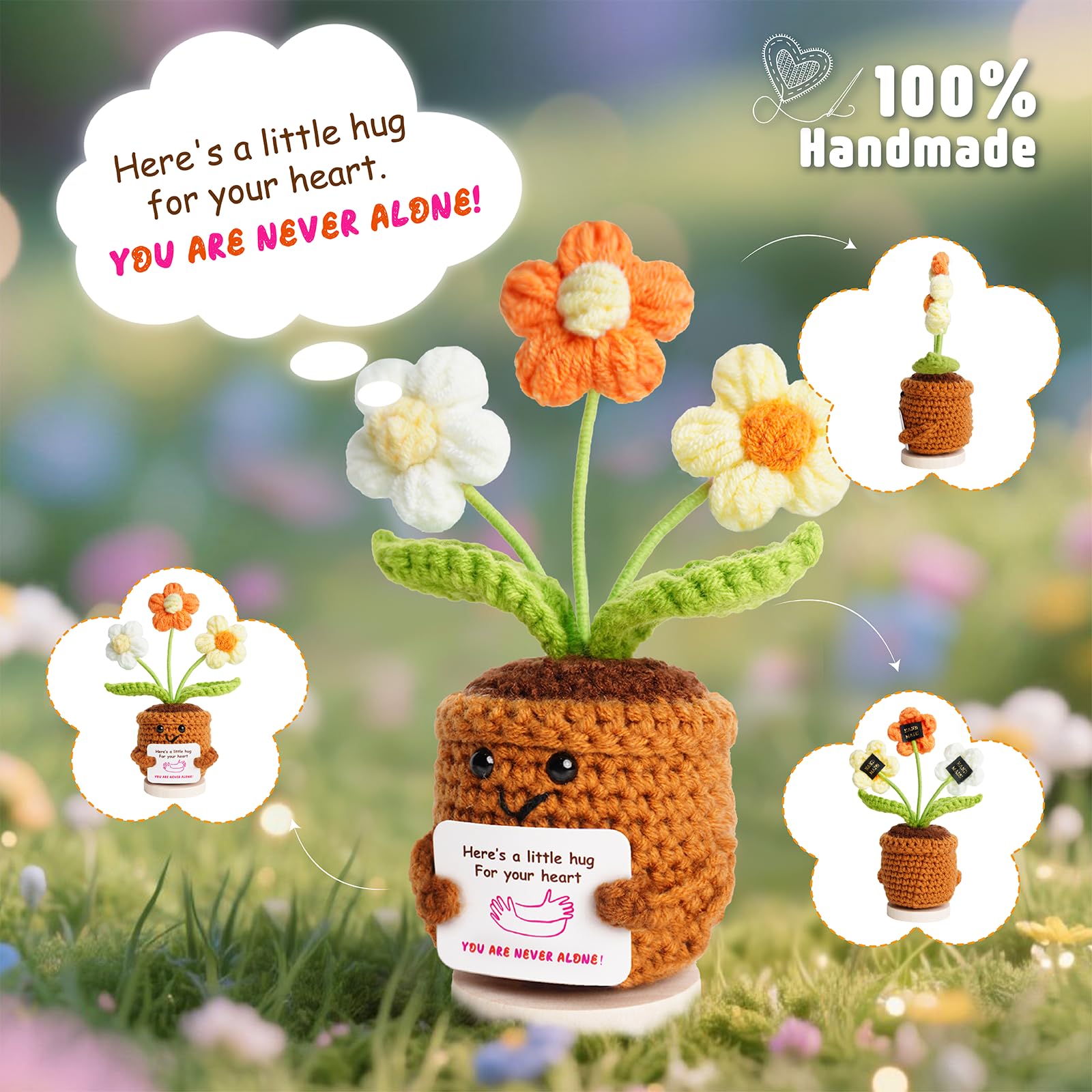 penzoos Emotional Support Plant - Handmade Crochet Daisy, Medium, Yarn, Orange & White, Stress Relief Gift for Friends and Family
