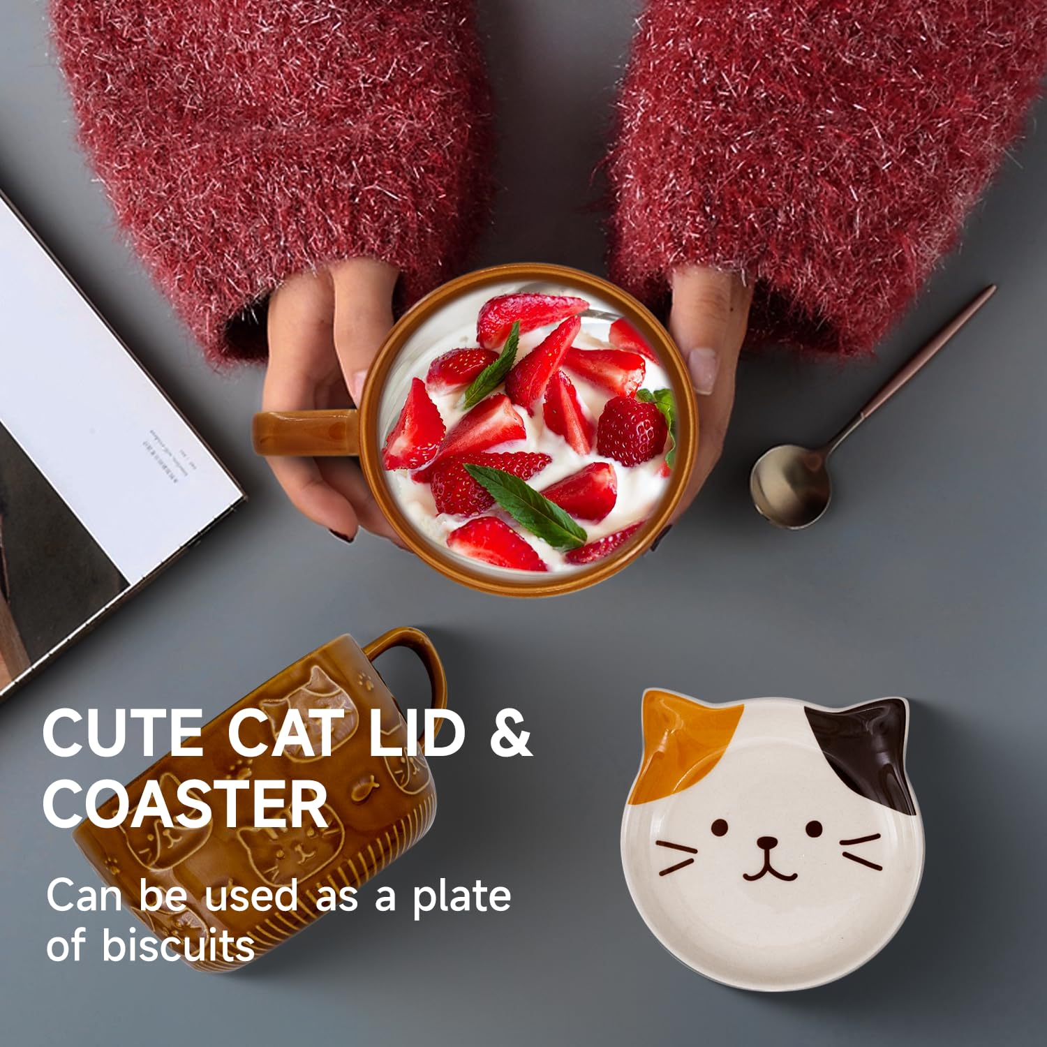 YLOKO Cute Cat Mug with Lid, 300ml/10oz Ceramic Calico Cat Coffee Mugs, Kawaii Animal Milk Teacup Novelty Gifts for Cat Lovers K