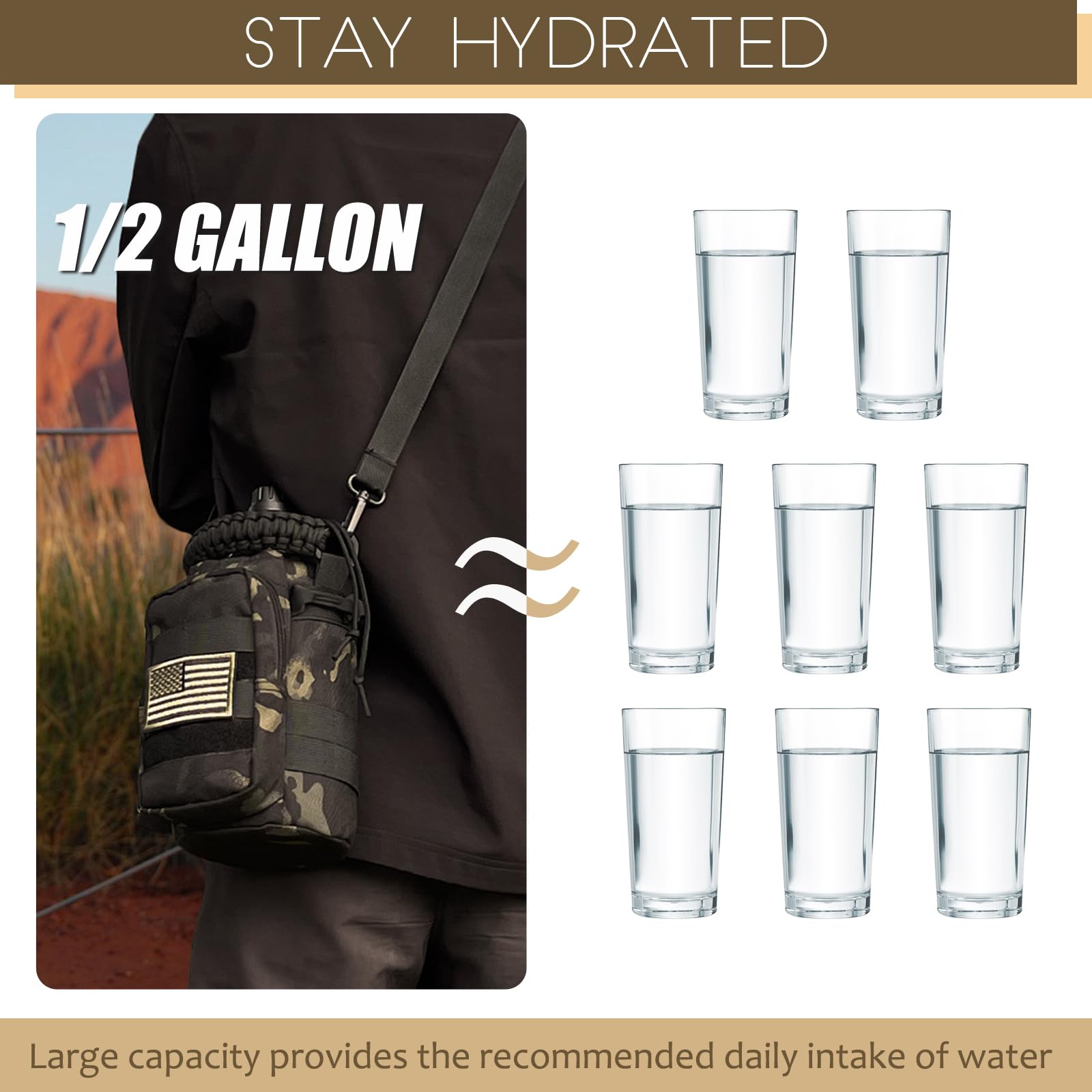 Defunx 64 Oz Water Bottle Insulated With Sleeve (Camo Black) - Half Gallon Water Jug With Handle - Stainless Steel Sports Water