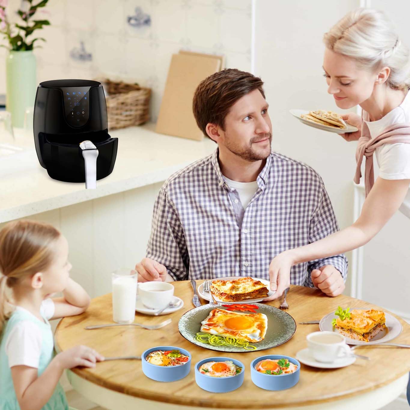 XANGNIER Silicone Air Fryer Egg Mold - 3 Pcs Nonstick BPA Free Egg Bites Pan, Dishwasher Safe, Blue