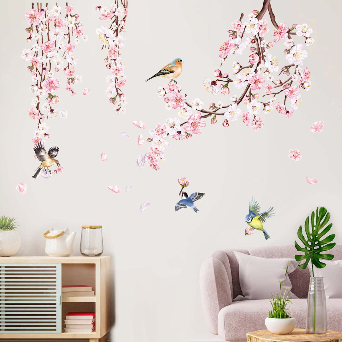 decalmile Cherry Blossom Branch Wall Stickers Pink Flower Birds Wall D ...