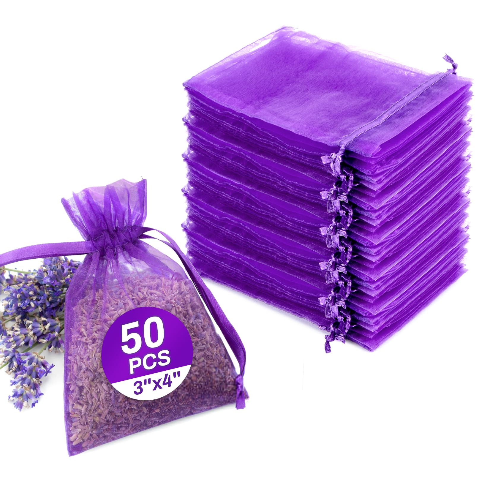 Sukh 50 Lavender Sachet Bags Empty - Purple Organza Bags 3x4 Sachets for Drawers and Closets Deodorizer Potpourri Bag Scented Sa