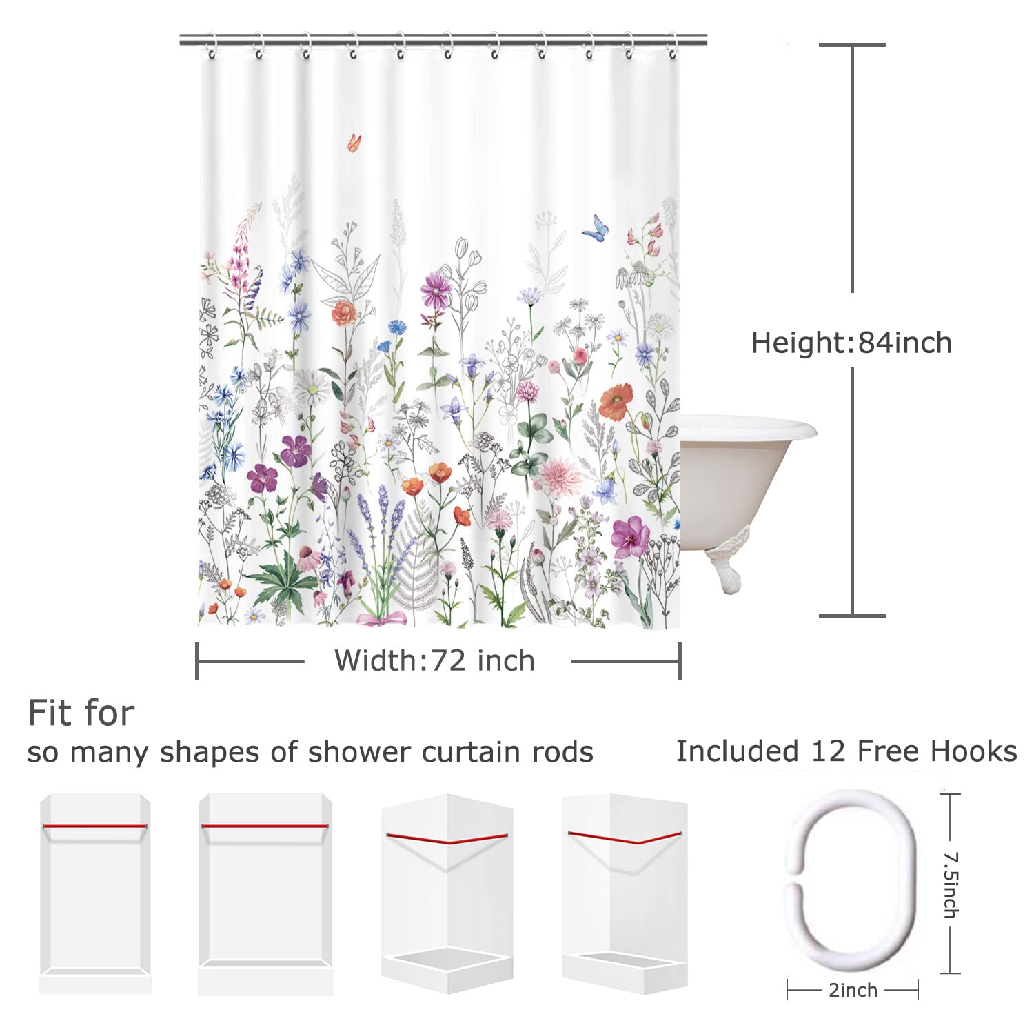 Livilan Floral Shower Curtain Flower Shower Curtain Butterfly Showers Curtain For Bathroom Lilac Shower Curtain With Hooks Water
