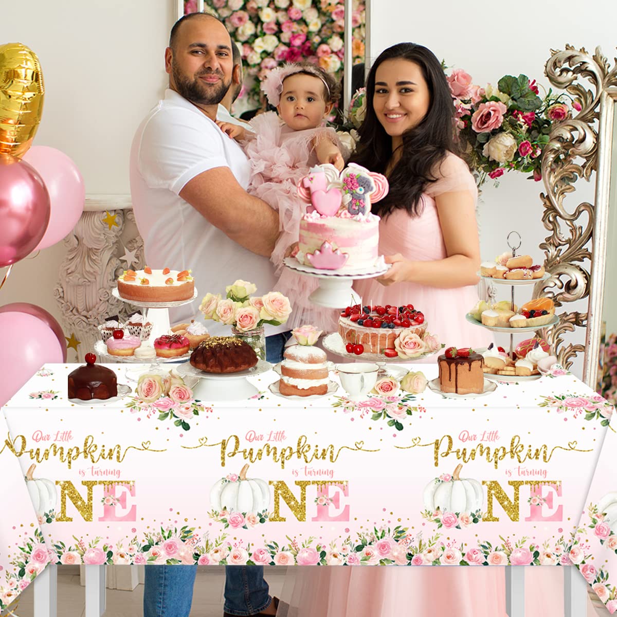 Little Pumpkin Baby Shower Decorations Girl-3Pcs Our Little Pumpkin is Turning One Tablecloths Pink Pumpkin Plastic Rectangle Ta
