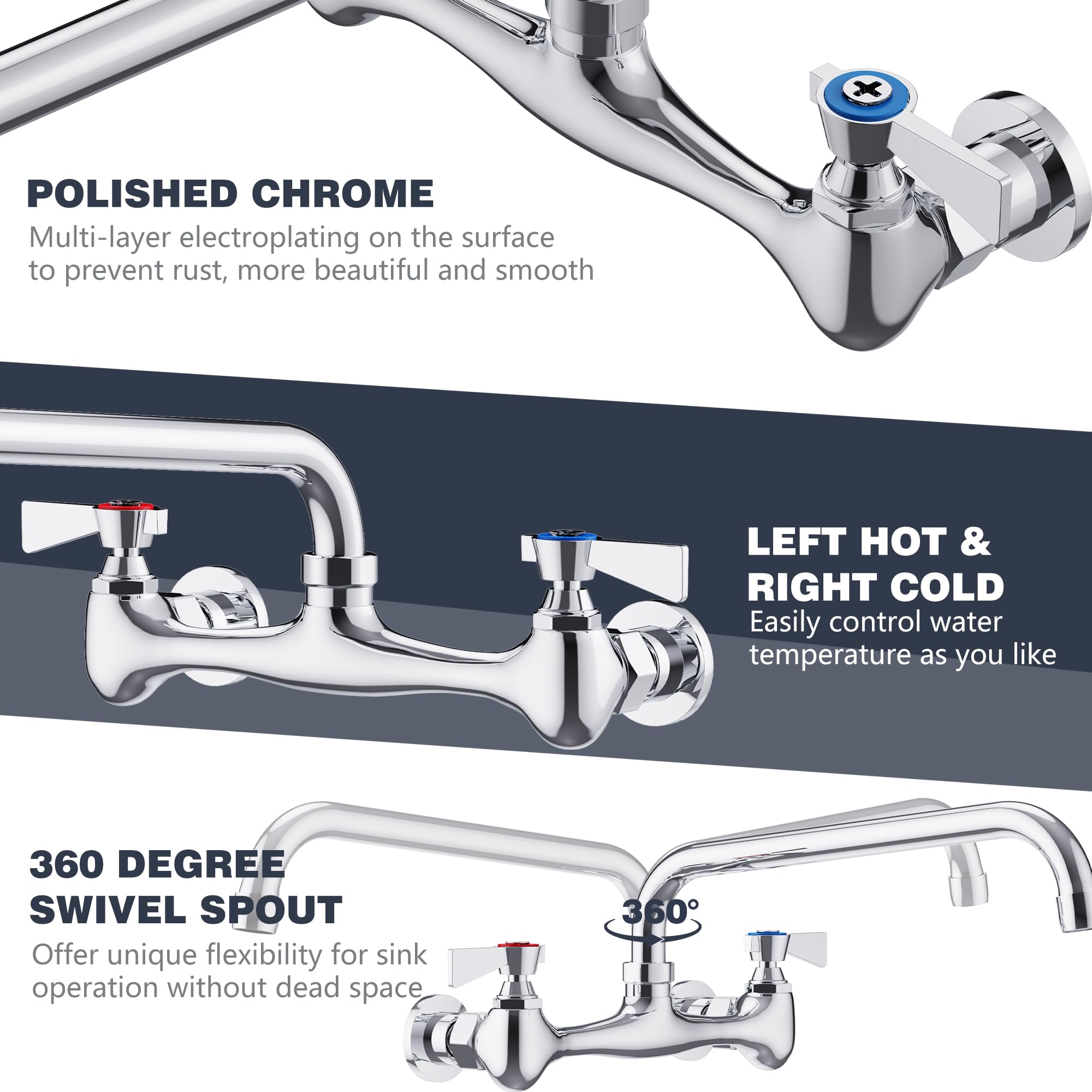 Gimili Wall Mount Commercial Sink Faucet With 12    Swivel Spout Polish Chrome Brass Utility Sink Faucet For Kitchen Laundry Res