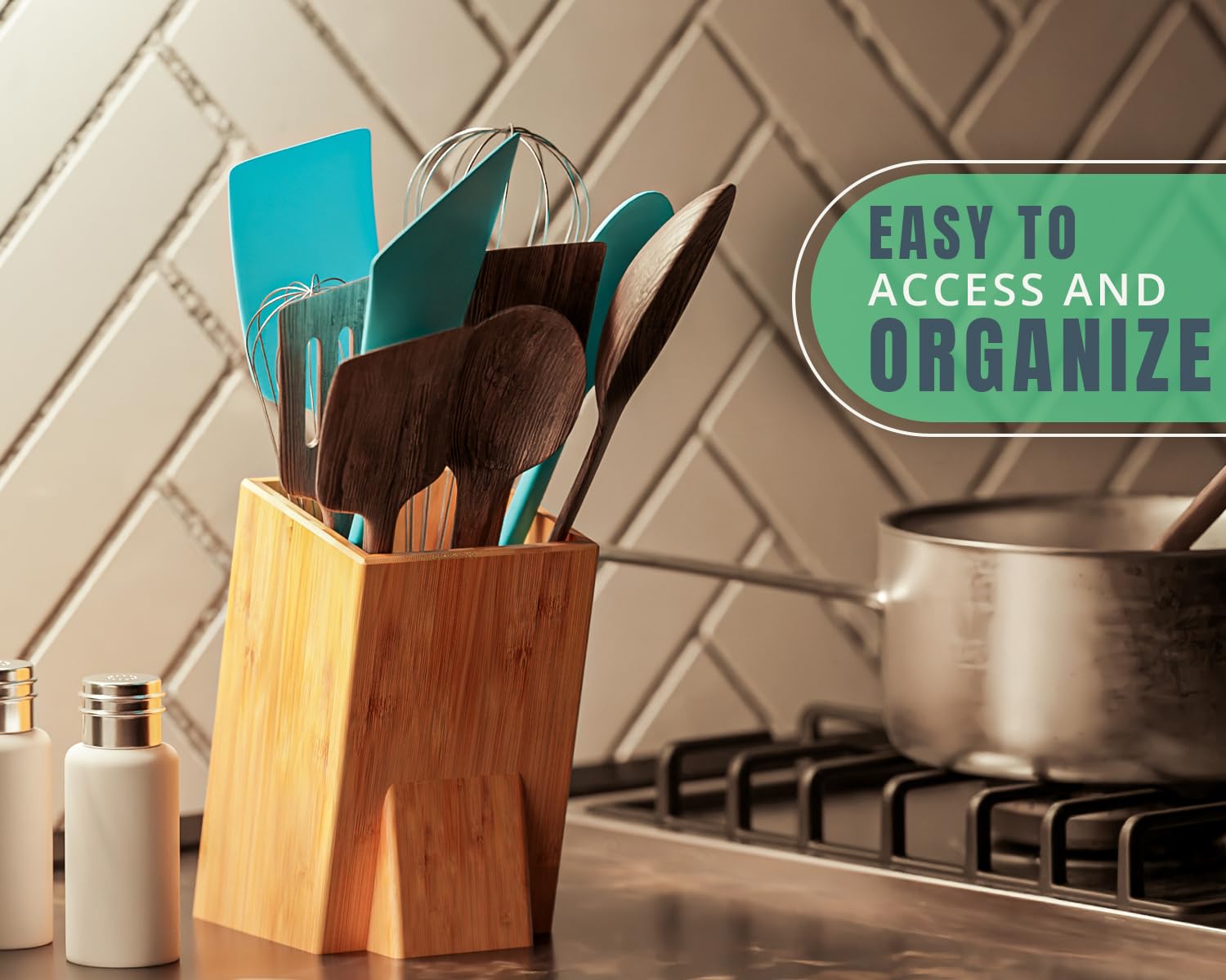 Bamboo Utensil Holder For Countertop - Large Upright Modern Organizer - Utensil Crock For Kitchen Counter By Comfify