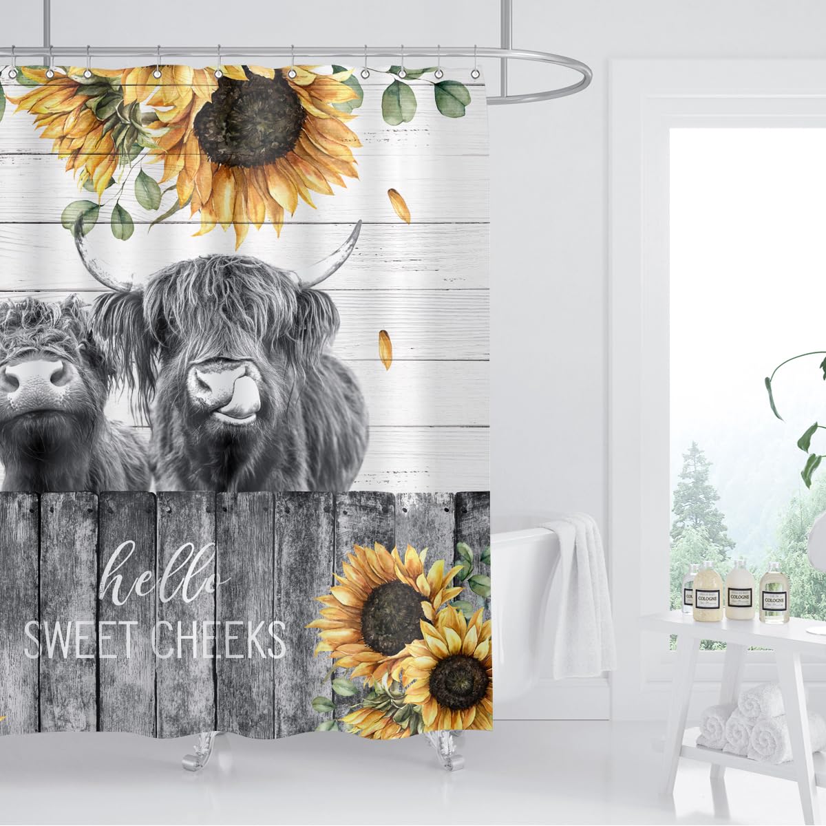 Zxmbf Farmhouse Highland Cow Shower Curtain Sunflower Funny Cattle Farm Western Wooden Fence Rustic Country Home Bathroom Decor