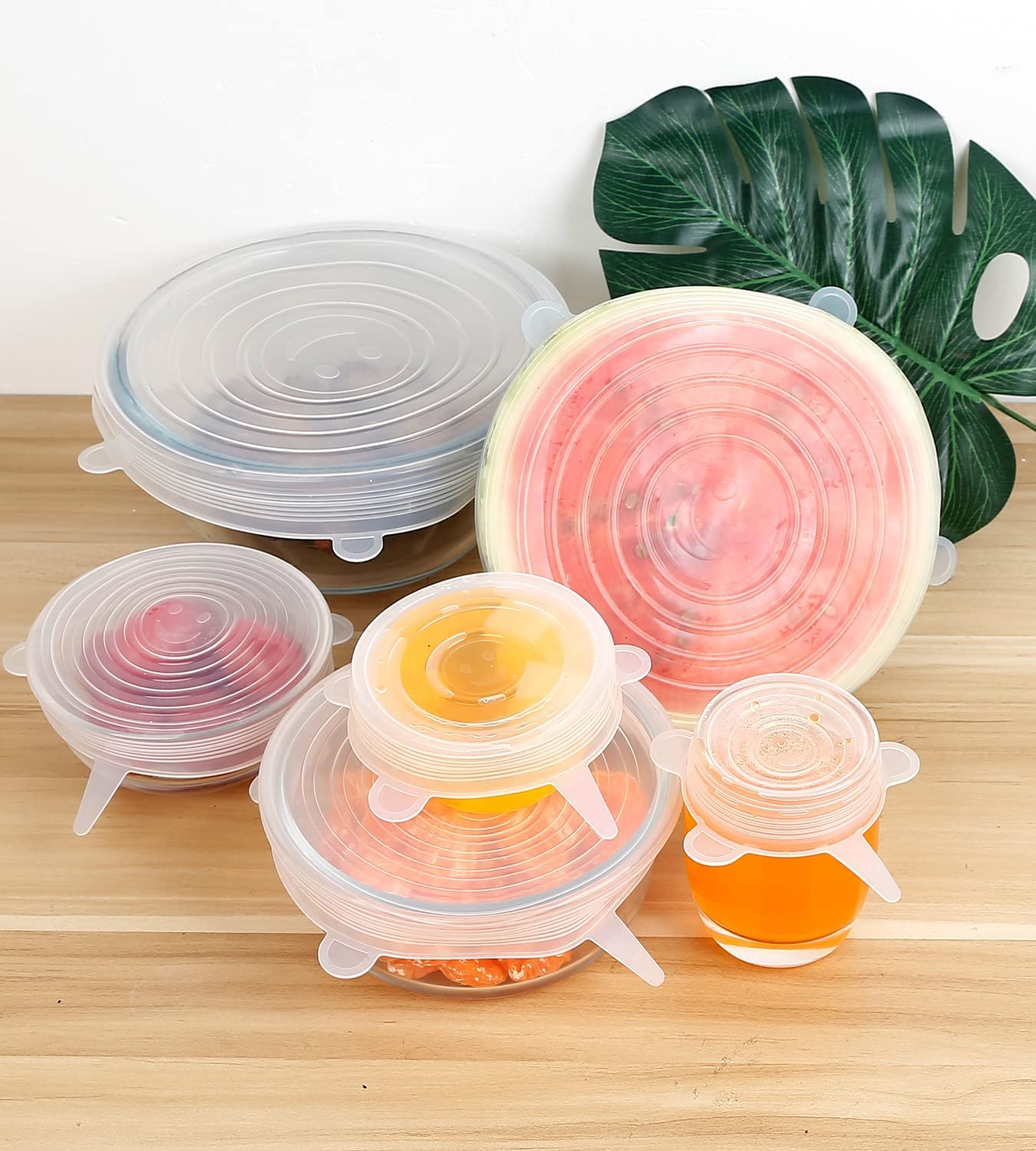 VALAMJI 6 Pcs Silicone Reusable Flexible Food Wrap for Bowls Plate Bottle Glass Cups Jar Dishes Transparent Stretchable Cover (W