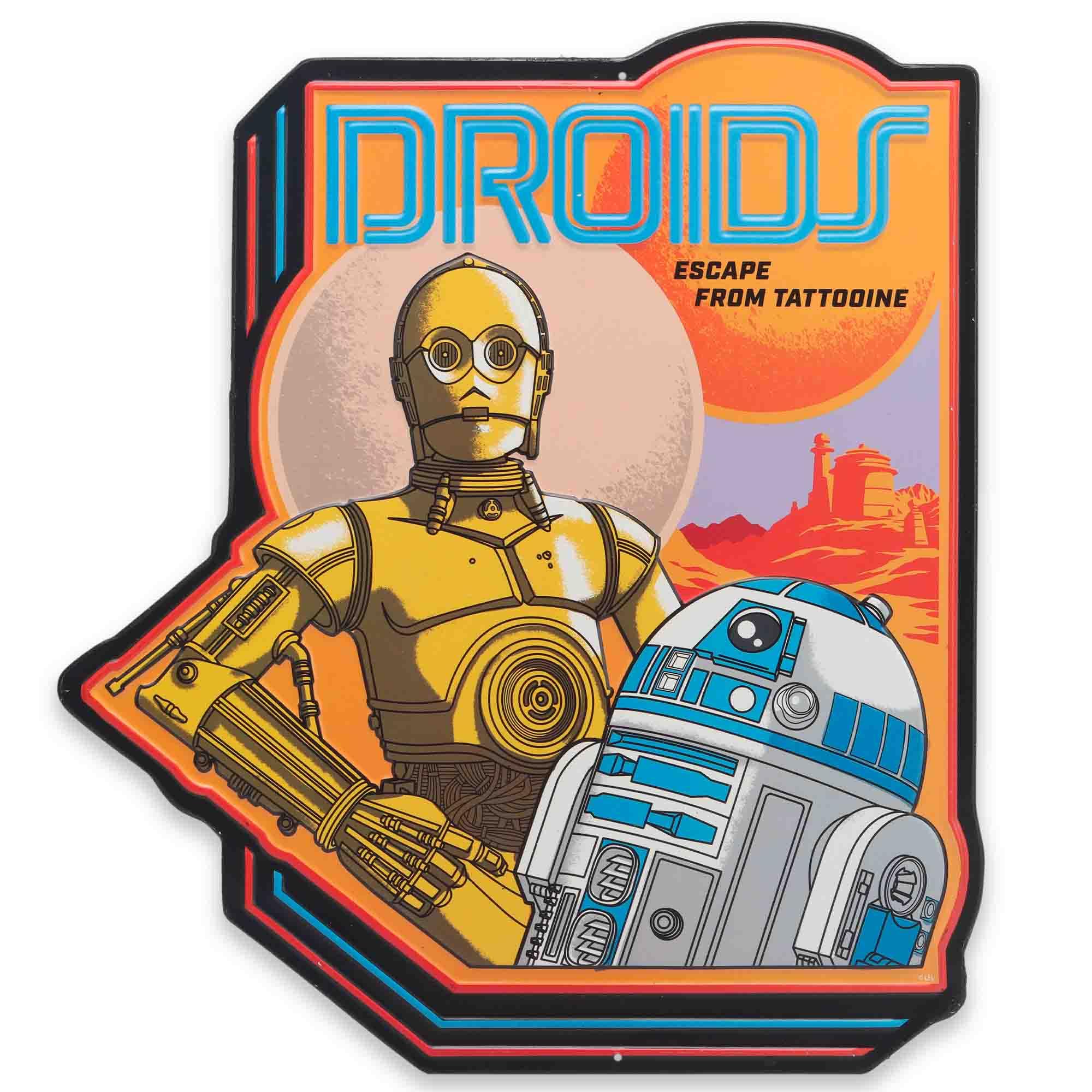 Disney Star Wars Droids Escape from Tattooine Embossed Metal Sign - Retro R2-D2 and C-3PO Wall Sign for Home