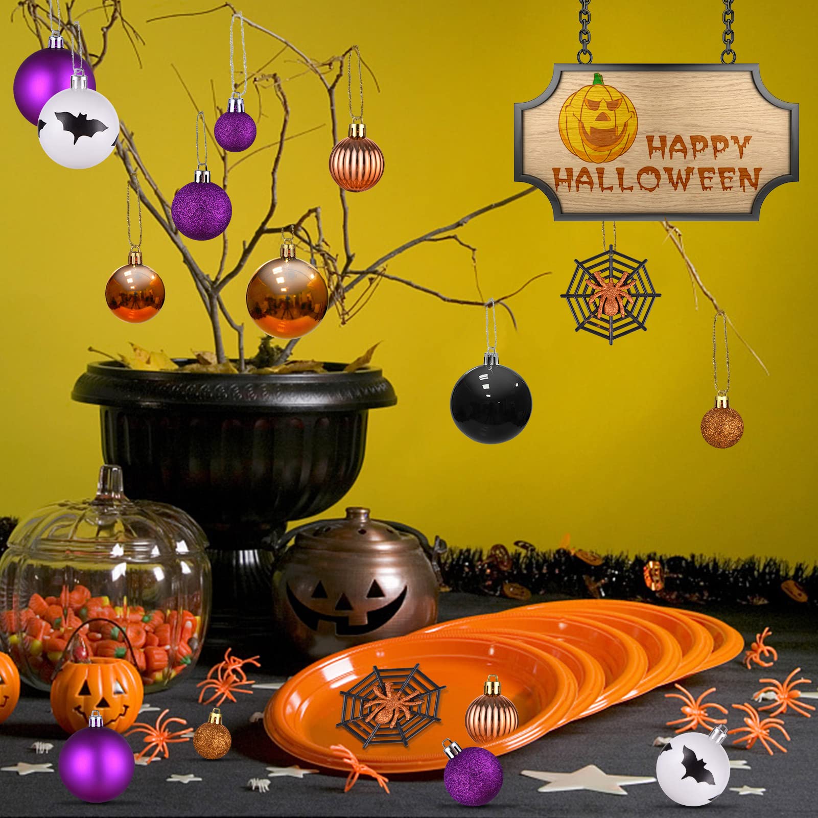 Pack of 56 Halloween Hanging Ball Ornaments, Shatterproof Balls Spider Bat Ornaments for Indoor Halloween Tree Decorations, Home