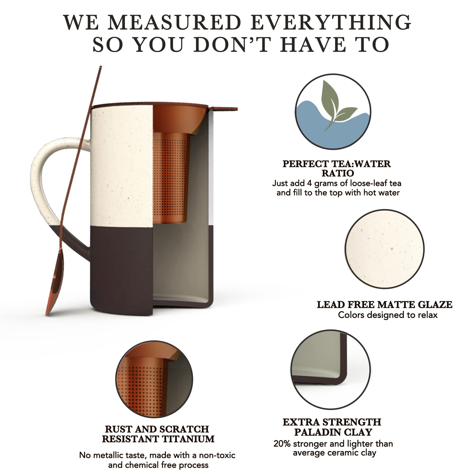 Mora Ceramics Tea Cup with Loose Leaf Infuser, Spoon and Lid, 12 oz, Microwave and Dishwasher Safe Coffee Mug - Rustic Matte Cer