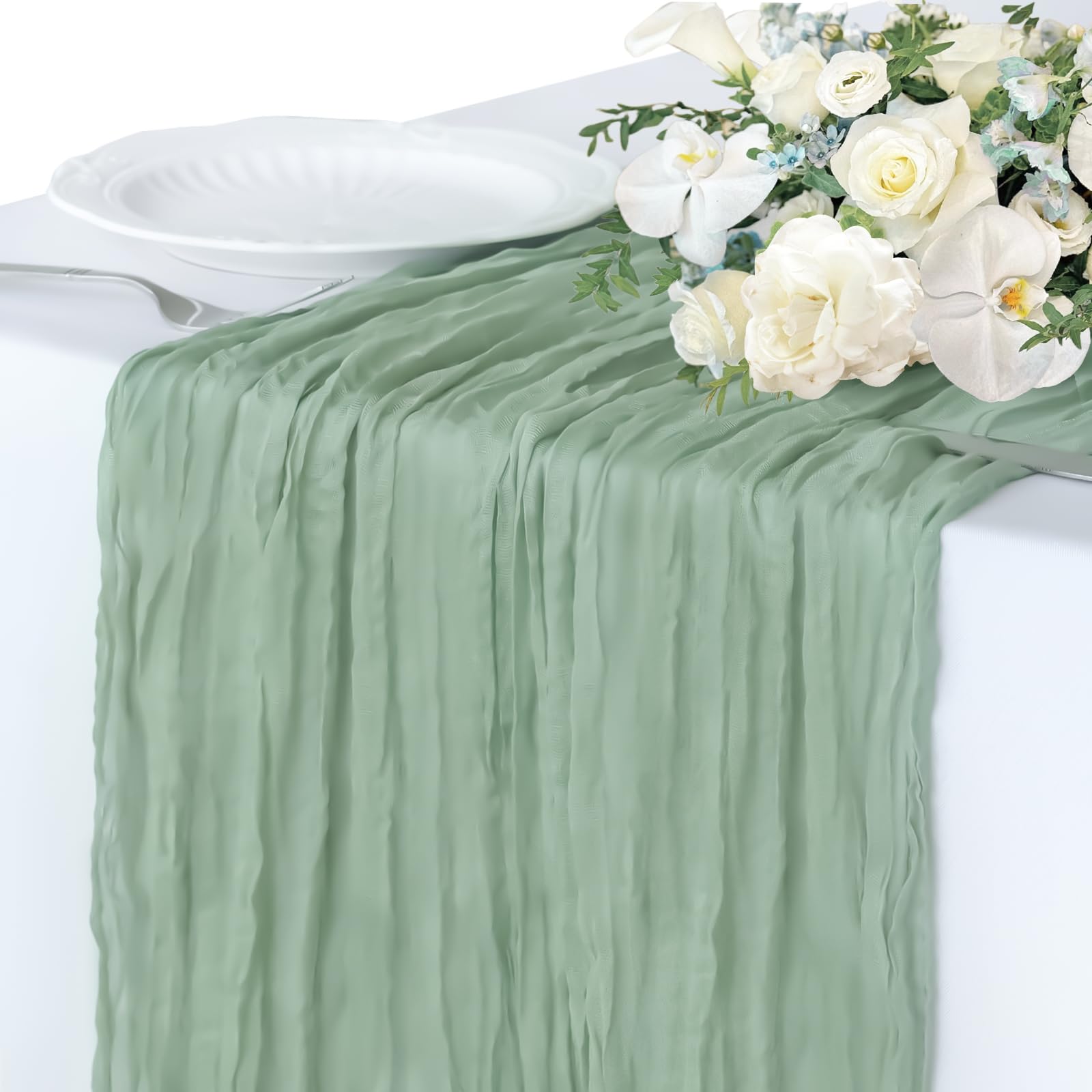 10FT Sage Green Table Runner, 35*120inch Boho Green Table Runners Cheese Cloth Runner for Wedding Bridal Shower Baby Shower Part