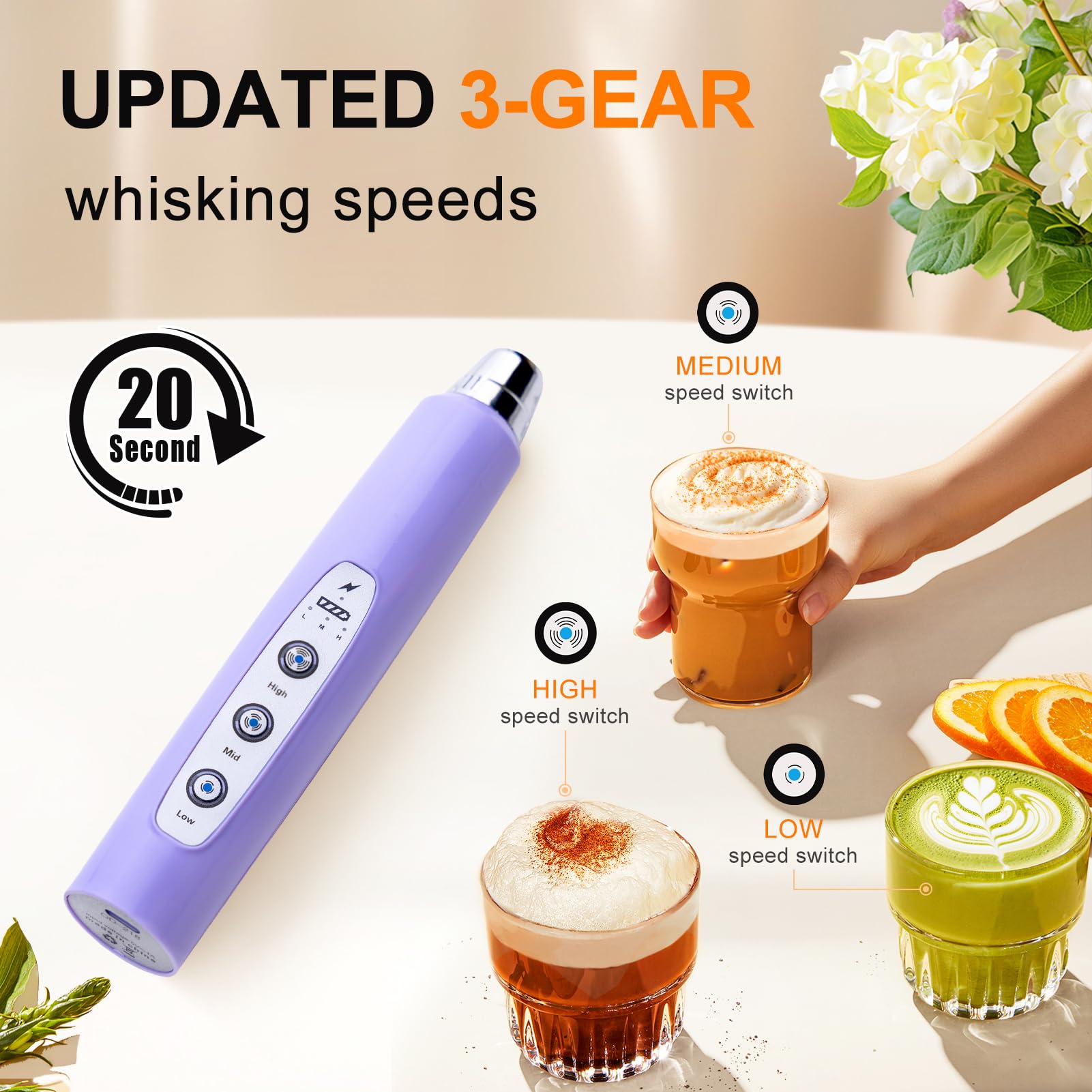 YUSWKO Handheld Milk Frother for Coffee  Rechargeable Drink Mixer with 3 Heads 3 Speeds Electric Whisk Coffee Frother For Latte  Cappuccino  Hot Chocolate  Egg - Light Purple