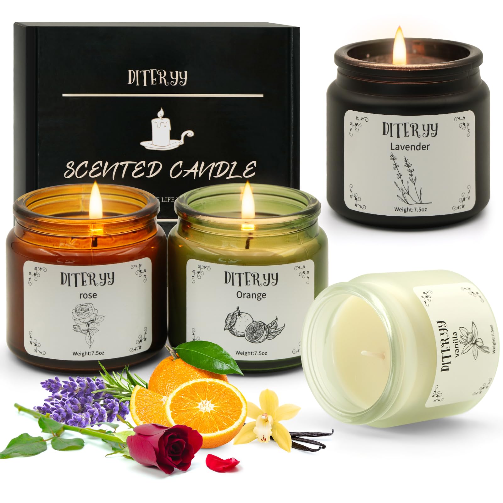 Diteryy 4 Pack Soy Candles for Home Scented Set Aromatherapy Essential Oil Candlewax Bulk for Stress Relief Long Lasting Small J