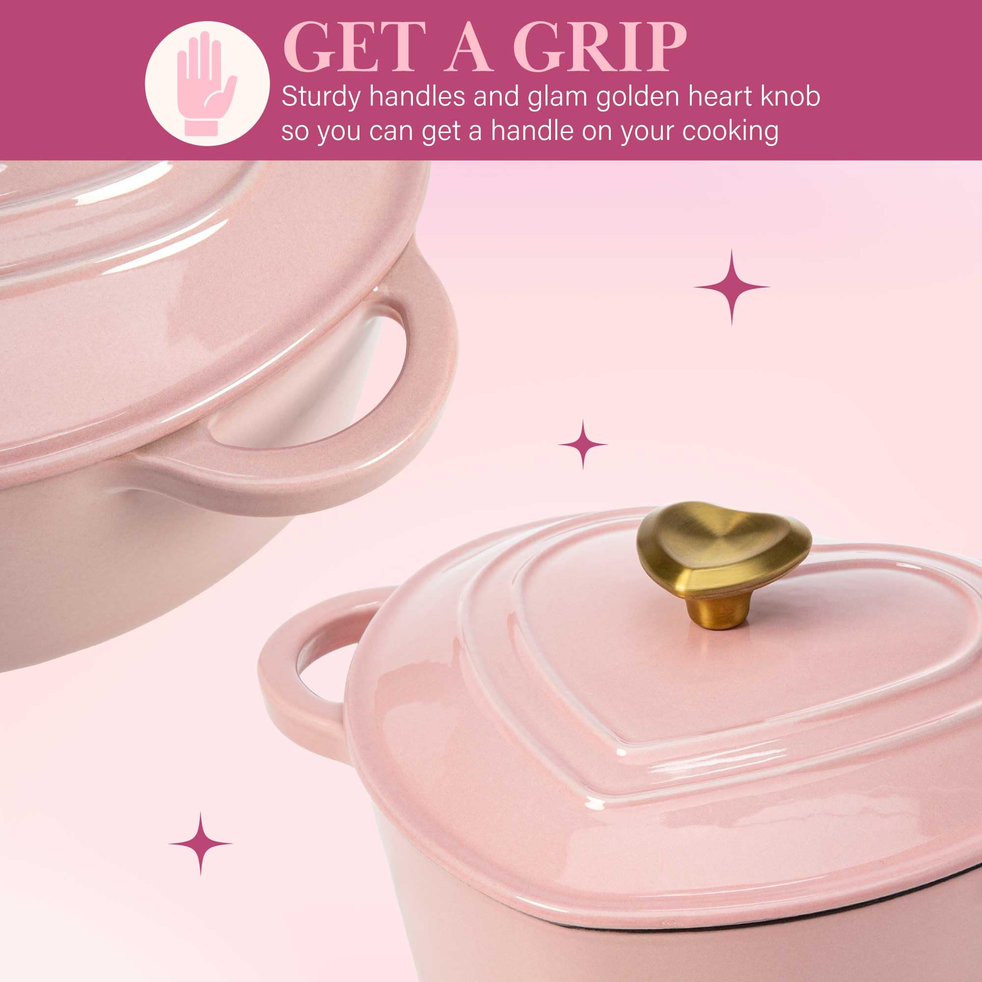 Paris Hilton Enameled Cast Iron Dutch Oven, 2-Quart, Pink, Heart-Shaped, Oven Safe to 500°F, Works on All Stovetops