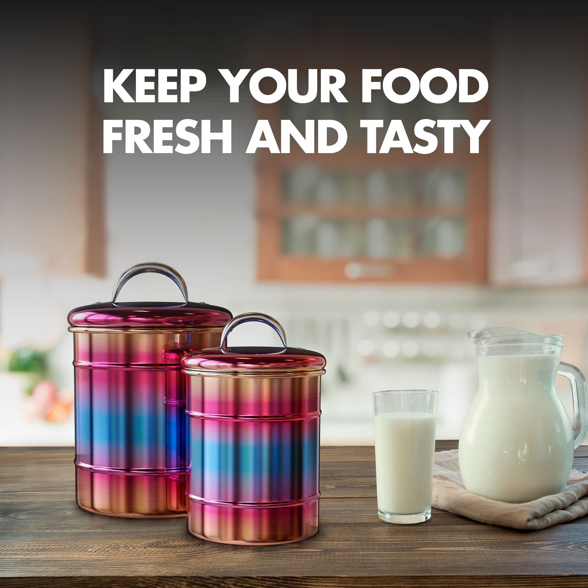 Amici Home Rainbow Metal Storage Canister | Set Of 2 | Airtight Lid | 38 & 64 Ounce Capacity | Modern Home D  Cor | Decorative M
