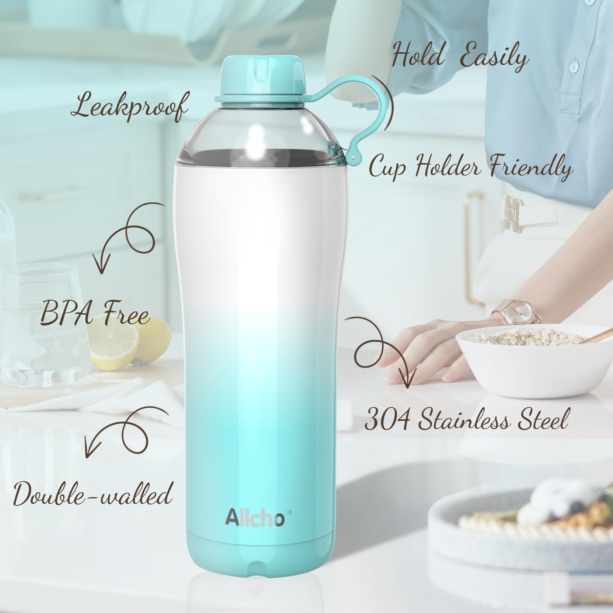 Allcho Insulated Water Bottle for Women, 24 oz Stainless Steel Water Bottles, Double Walled, 2 Lids (Chug & Tumbler) - Hydrate &