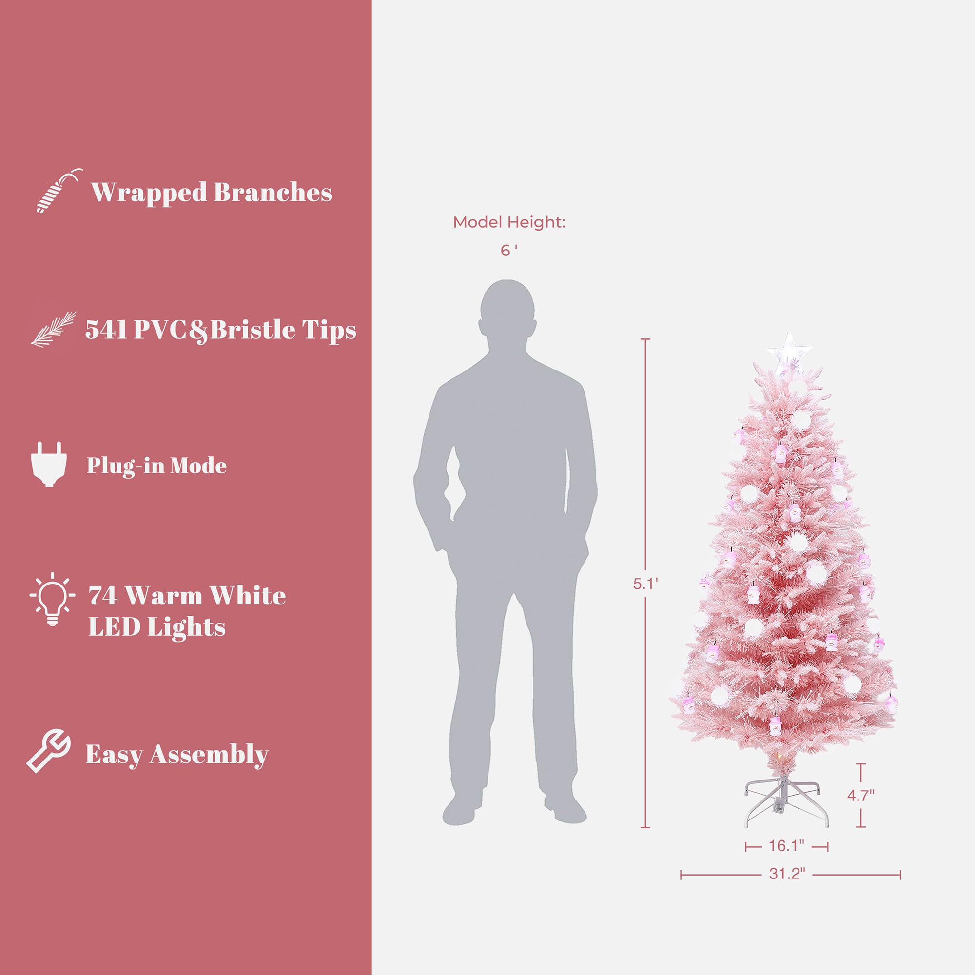 LuxenHome 5FT Pink Christmas Tree with Lights, Plug-in Prelit Christmas Tree with 13 Light Modes Globe Lights and Snowman LED Or