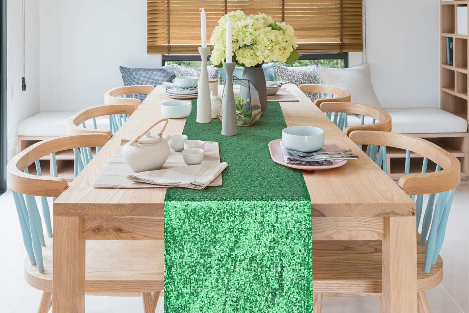 Yuboo Emerald Green Sequin Table Runners 12''X 108'' - 2 Pack Glitter Table Runner Dresser Cover Top For Green Birthday Party De