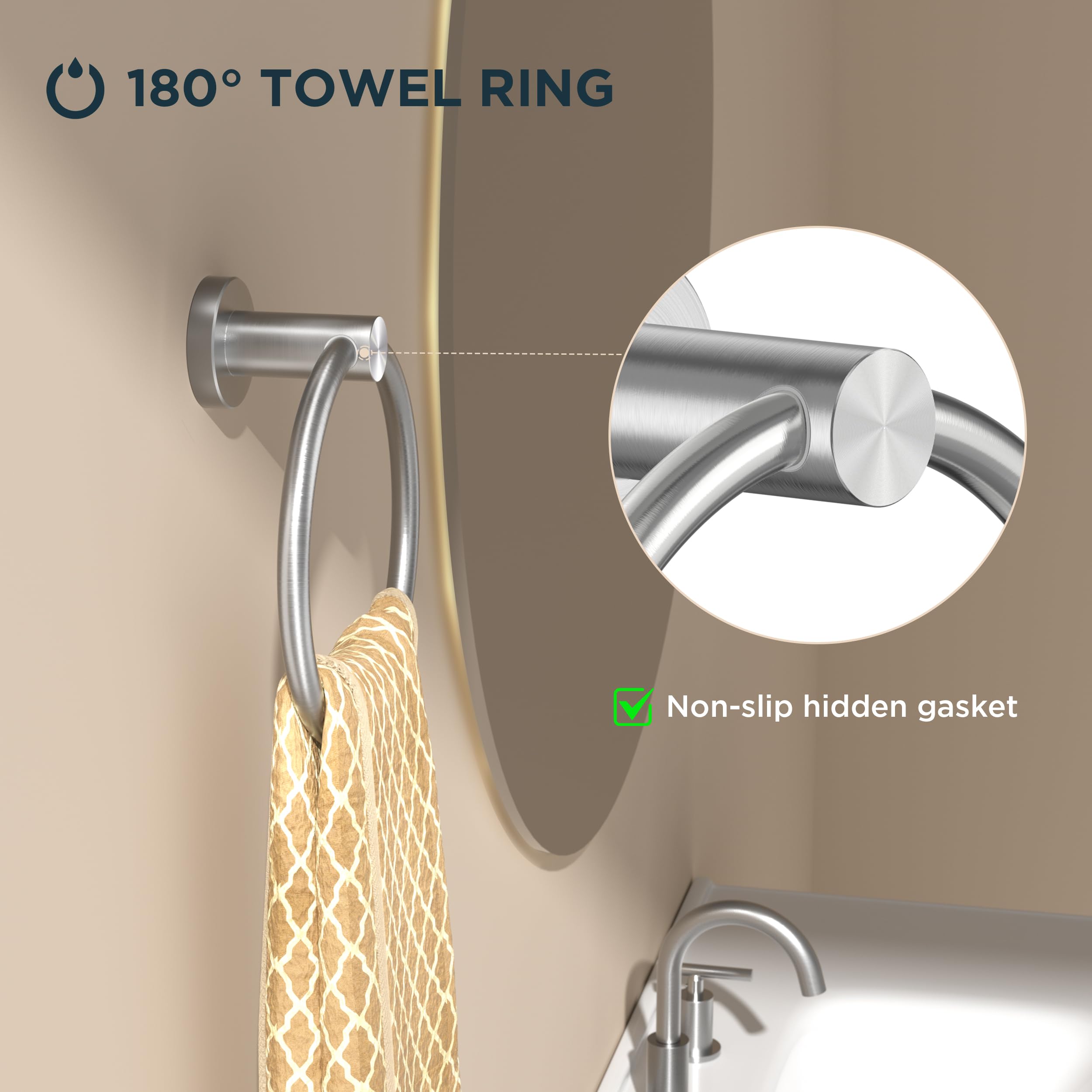 Forious Brushed Nickel Towel Ring 2 Packs, Sus304 Stainless Steel Hand Towel Holder For Bathroom Wall Mounted, Modern Towel Hang