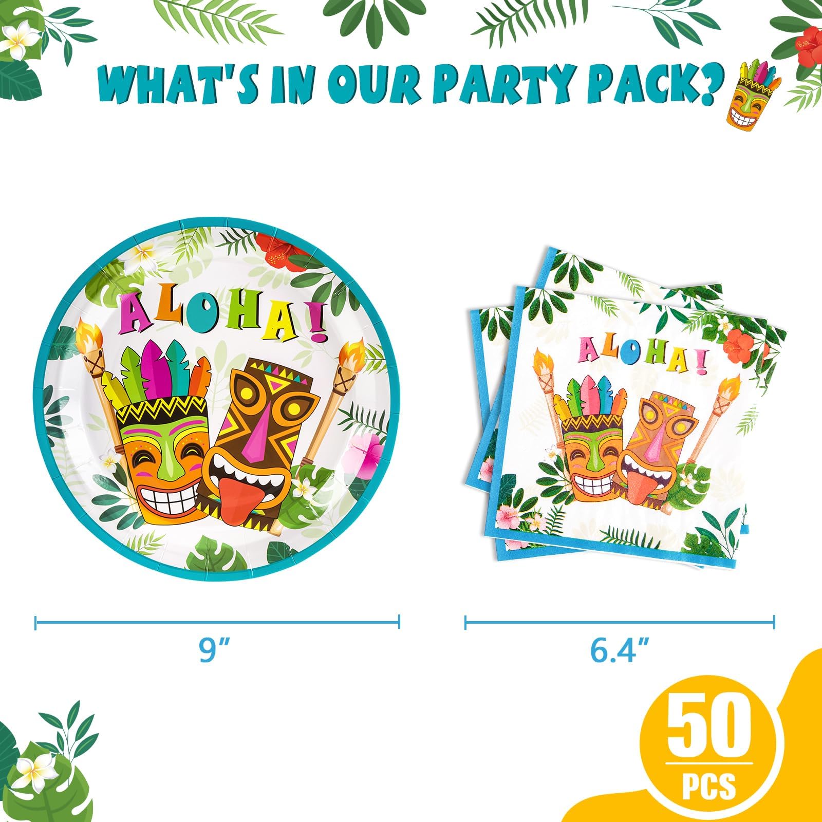Wernnsai Aloha Luau Plates And Napkins - Serves 50 Gusets 100Pcs Hawaiian Tropical Tiki Party Supplies Disposable Tableware Set