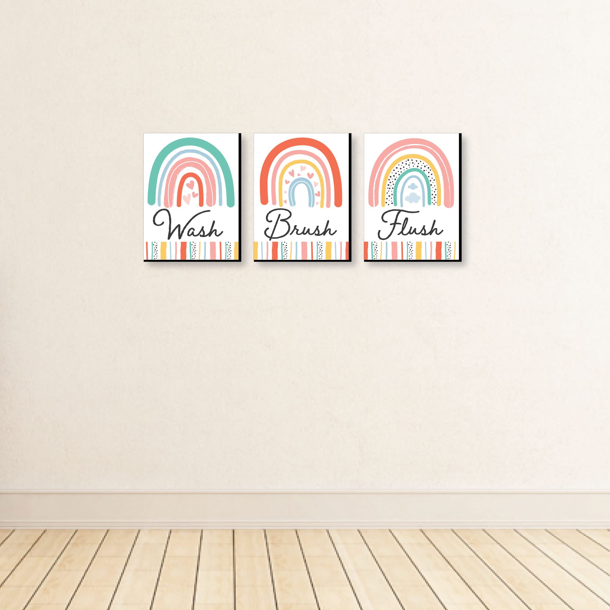Big Dot Of Happiness Hello Rainbow - Boho Kids Bathroom Rules Wall Art - 7.5 X 10 Inches - Set Of 3 Signs - Wash, Brush, Flush