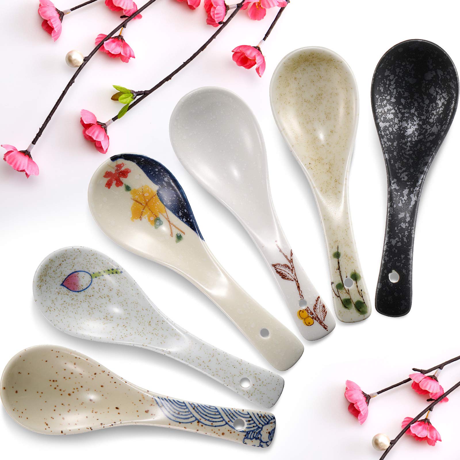 Rhymad 6 Pieces Japanese Retro Soup Spoons Ceramics Soup Japanese Style Rice Flatware Asian Chinese Serving Spoons Appetizers Ta