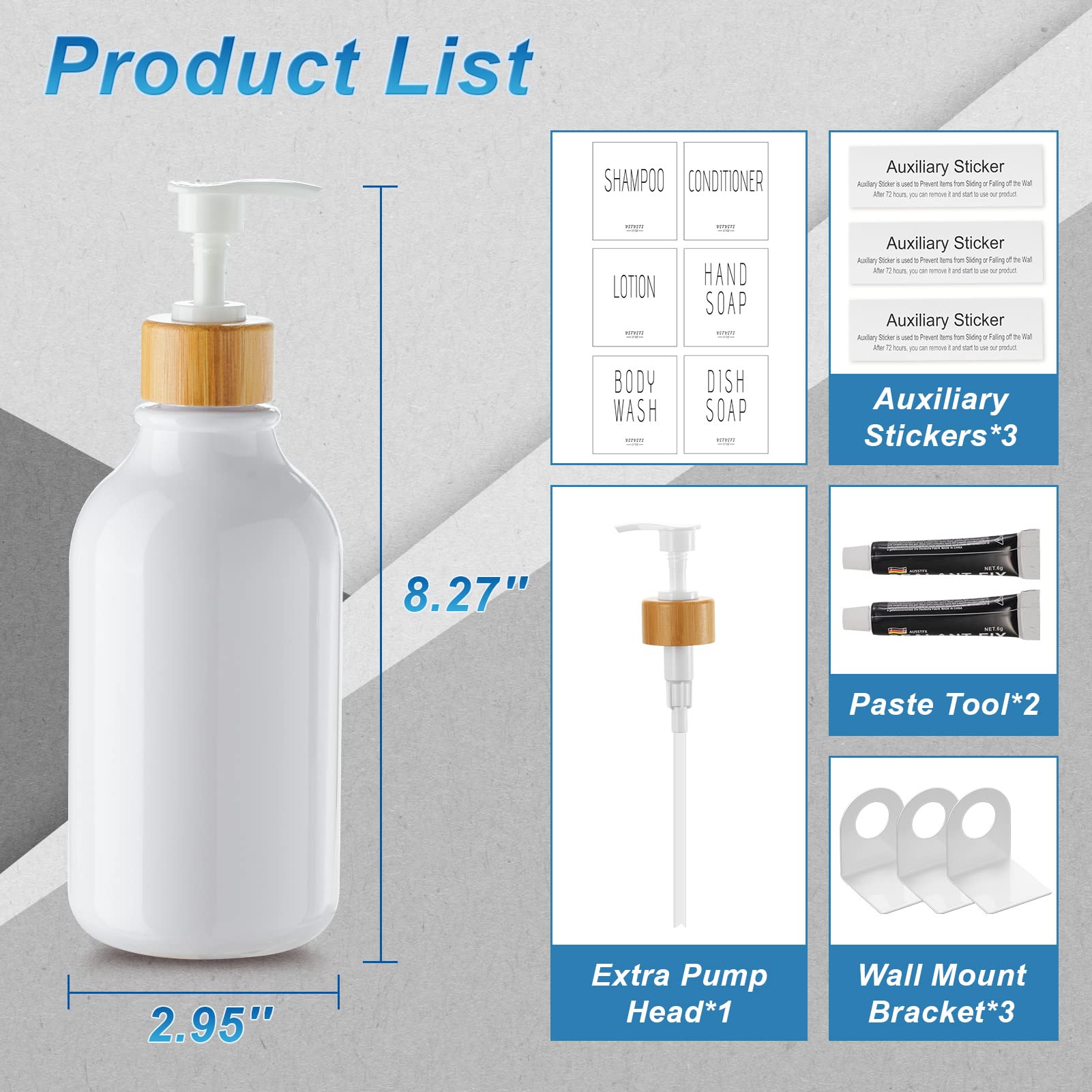 VITVITI 3-Chamber Shower Dispenser Set, Wall Mounted, 17oz PET Plastic, White