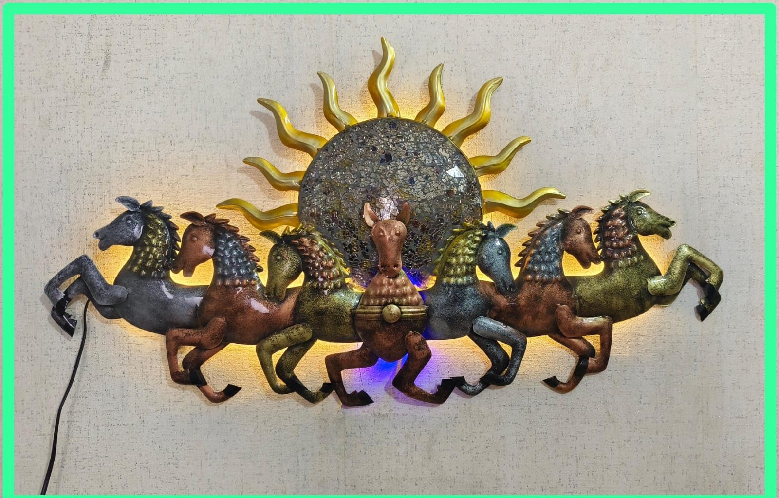 Metal Sun with Seven Running Horses Wall Decorative Showpiece with LED Lights Horses for Vatu Good Luck Home Wall Hanging Wall D