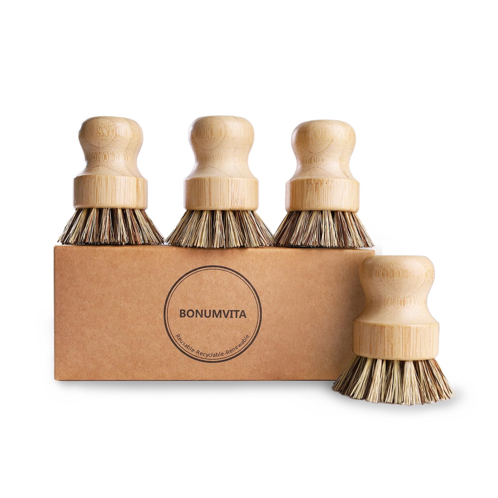 BONUMVITA Bamboo Dish Brush Set,4 Pack Kitchen Palm Pot Brush with Union Fiber, Natural Bamboo Dish Scrub Brush for Cleaning Pot