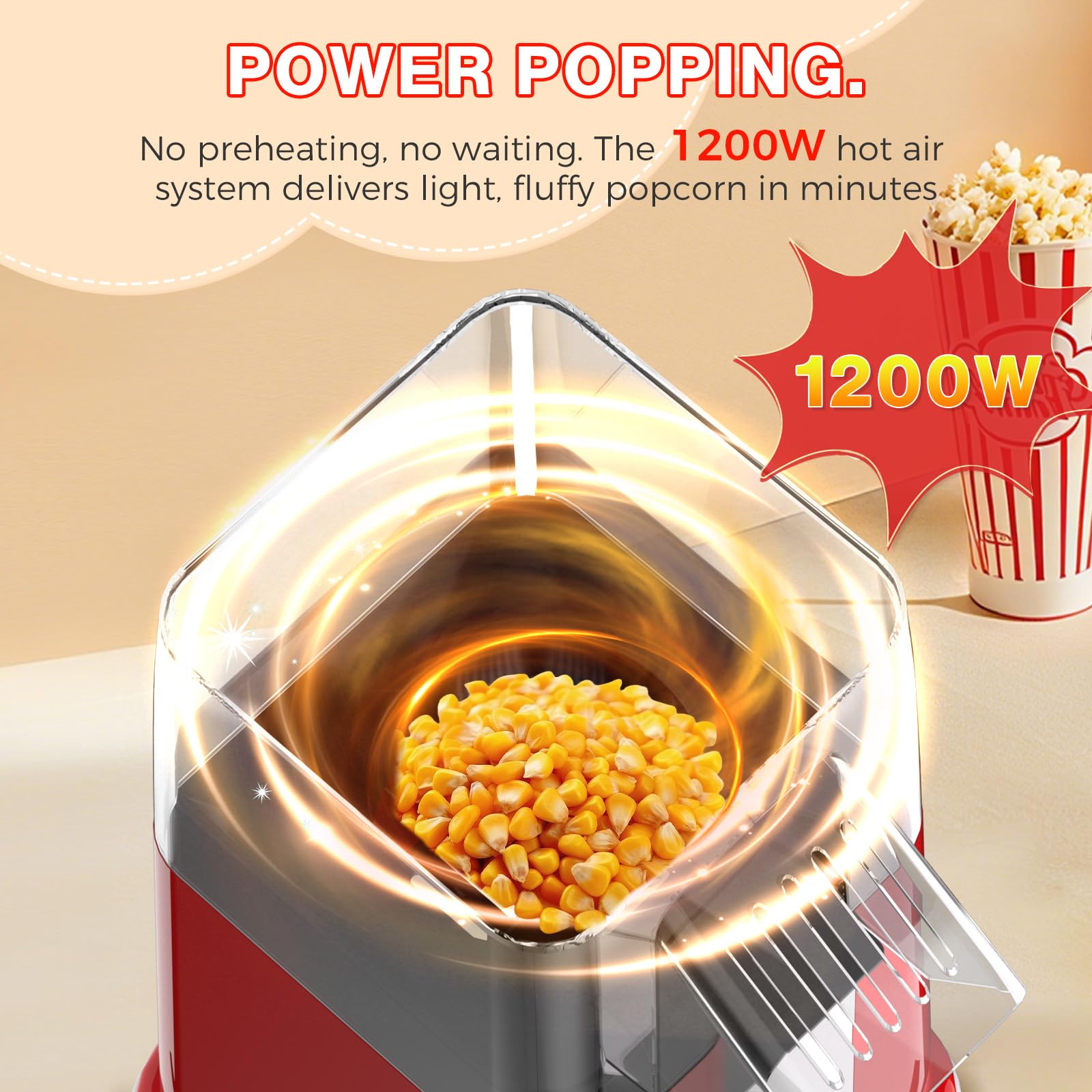 OSTBA Popcorn Maker, 1200W Mini Retro Air Popper Popcorn Machine, 12 Cups Hot Air Popcorn Popper Electric with Butter Tray, Oil-