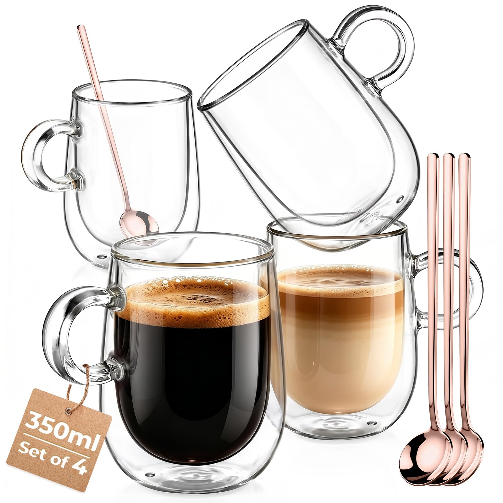 glastal 12 oz Double Walled Glass Coffee Cups Cappuccino Cups Set of 4