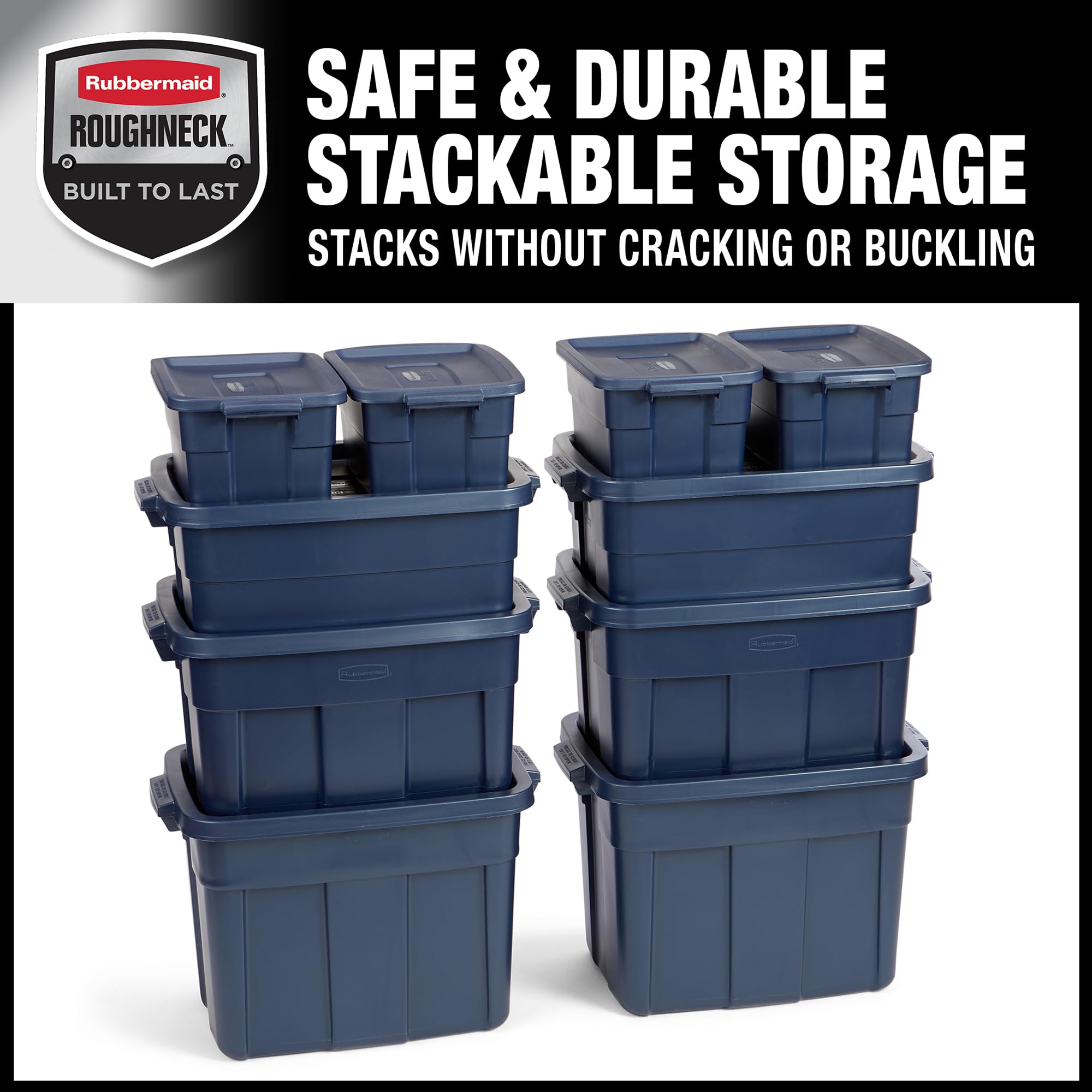 Rubbermaid Roughneck Tote Variety, 10 Pack, Made In Usa, Dark Indigo Metallic, Rugged Plastic Stackable Storage Bins With Lids A