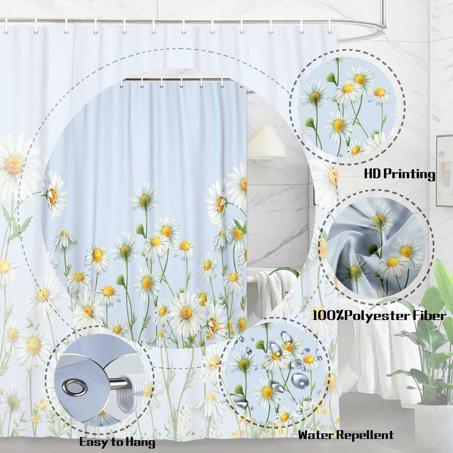Lacoiime Daisy Shower Curtain, Floral Daisy Shower Curtains Cloth Rustic Farmhouse Shower Curtain Set, Blue Daisy Fabric Bathroo
