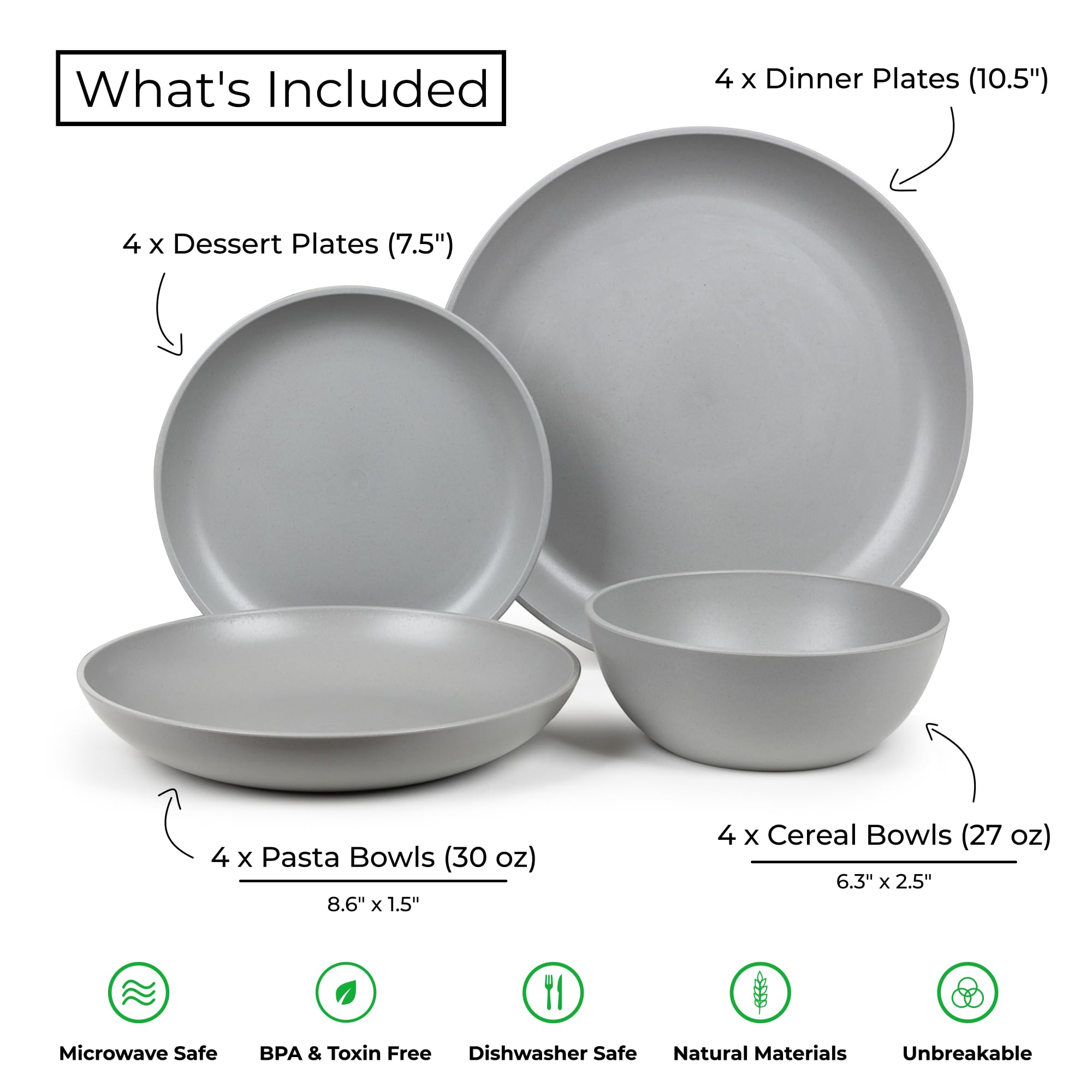 Grow Forward 16-Piece Premium Wheat Straw Dinnerware Sets For 4 - Dinner Plates, Dessert Plates, Pasta Bowls, Cereal Bowls - Mic