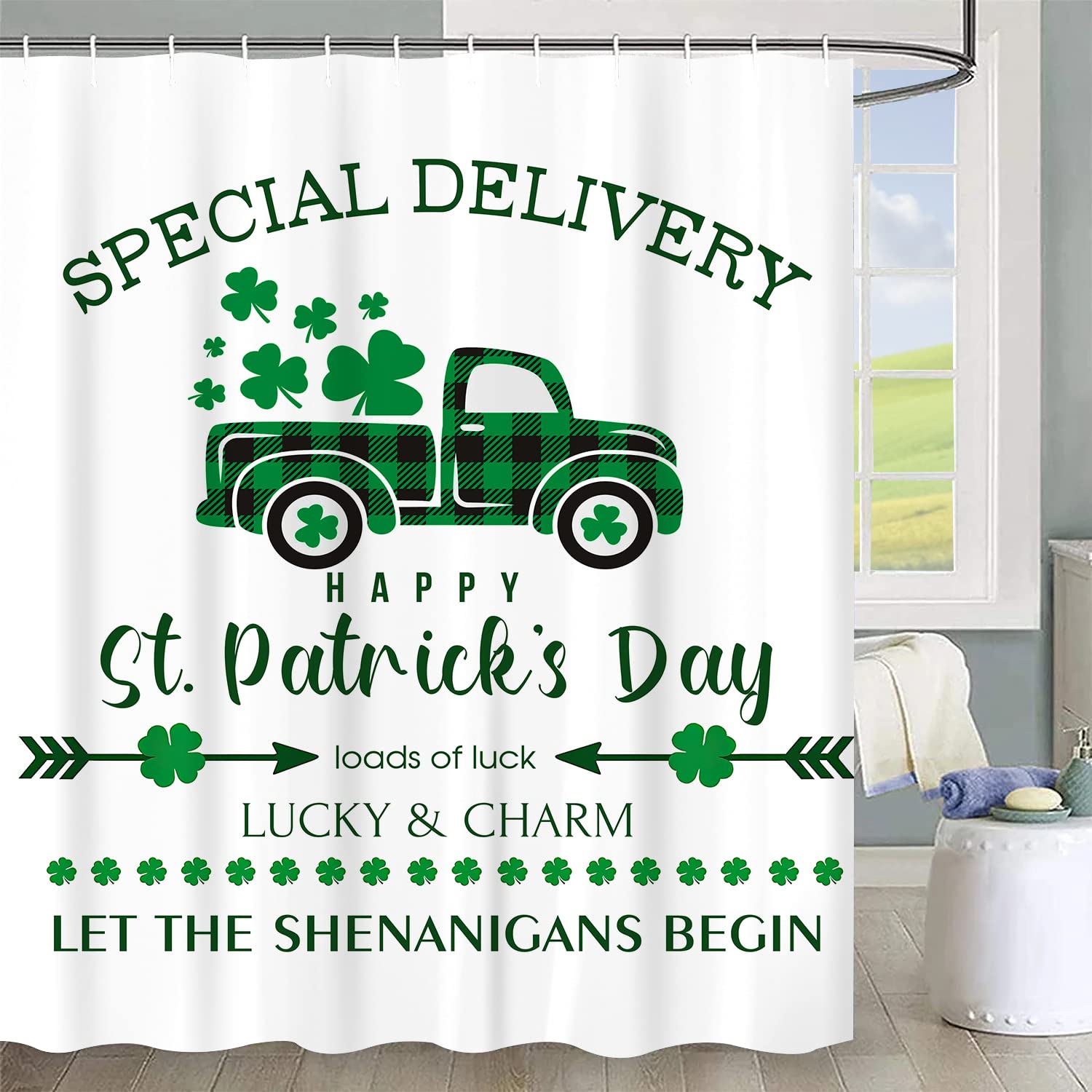 Jbralid Happy St Patrick'S Day Shower Curtain Buffalo Check Plaid Clover Truck Loads Of Luck Lucky And Charm Bath Curtain Farmho