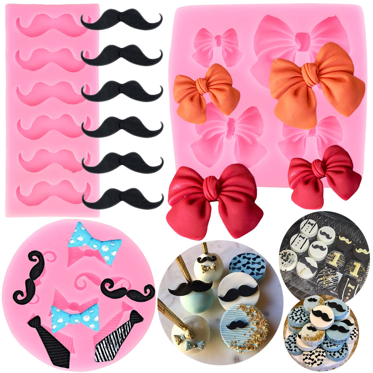 Zixiang Little Man Themed Cupcake Decoration Mold Mini Mustache Silicone Mold Tie Mold Bow Fondant Mold For Birthday Cake Decora