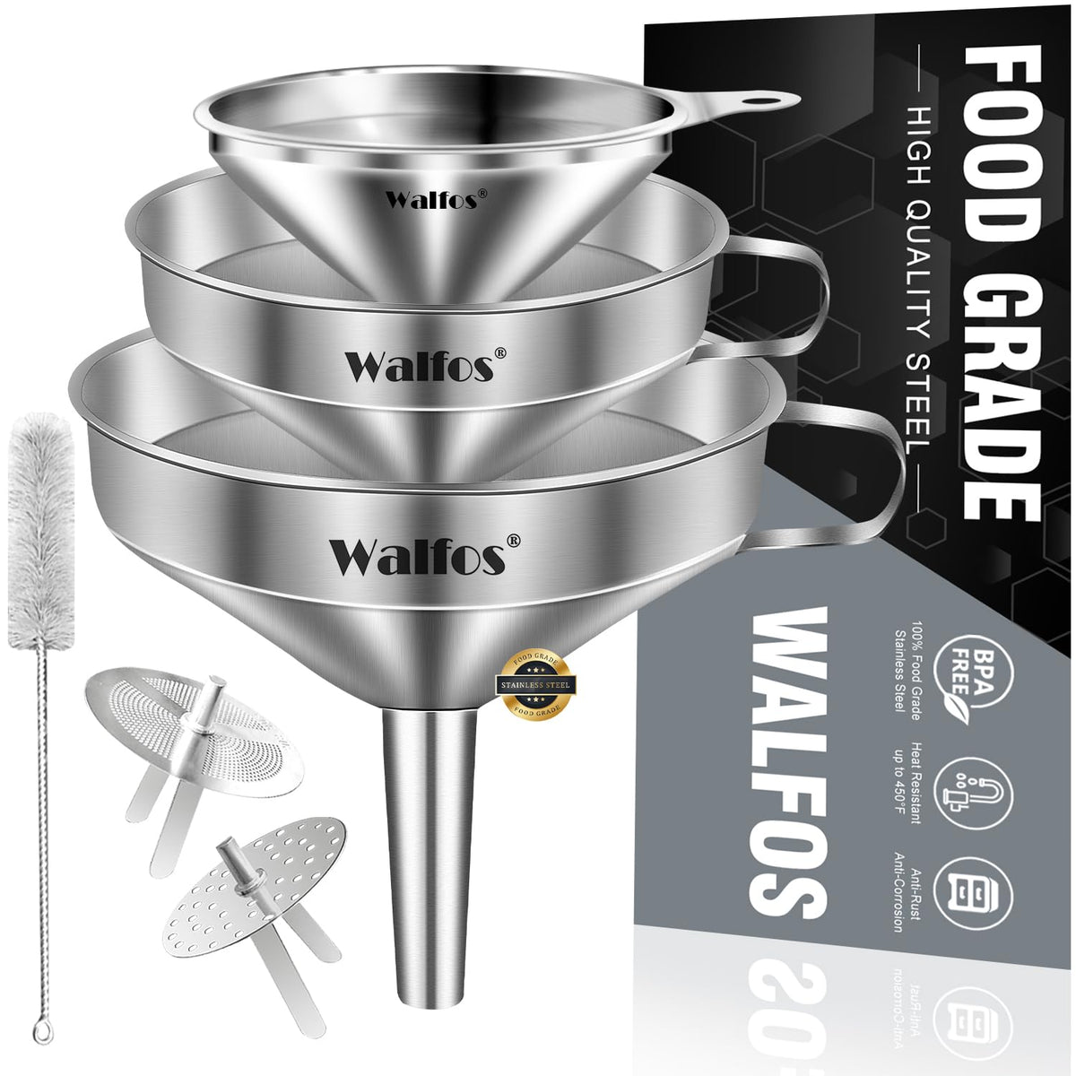 Stainless Steel Funnel, Walfos 3 Different Sizes Of Kitchen Funnels With 2 Removable Strainer & 1Pcs Cleaning Brush, For Transfe