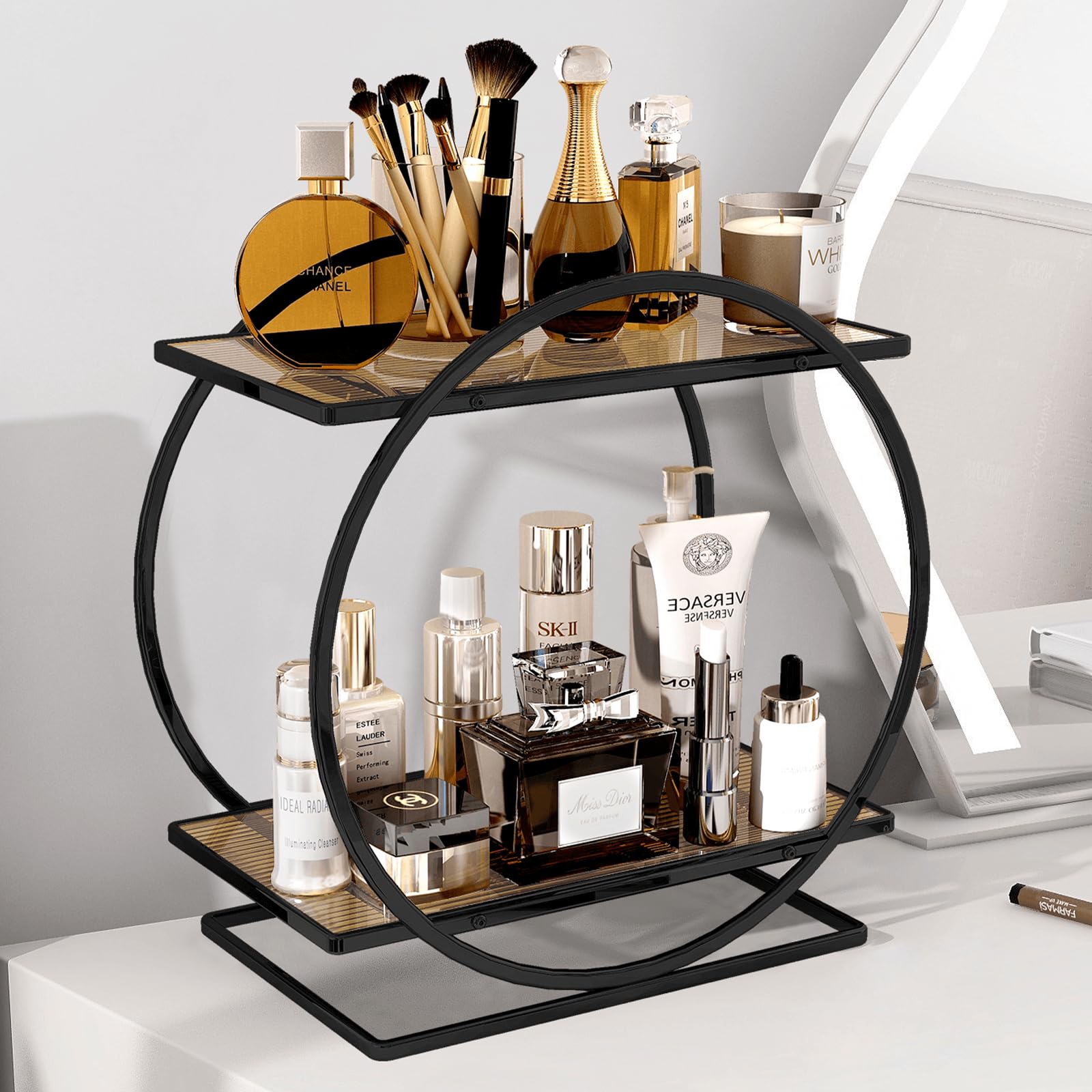 Yiwanfw Perfume Organizer For Dresser, Black Bathroom Organizer Counter 2 Tier Makeup Organizer For Bathroom Vanity Storage Skin